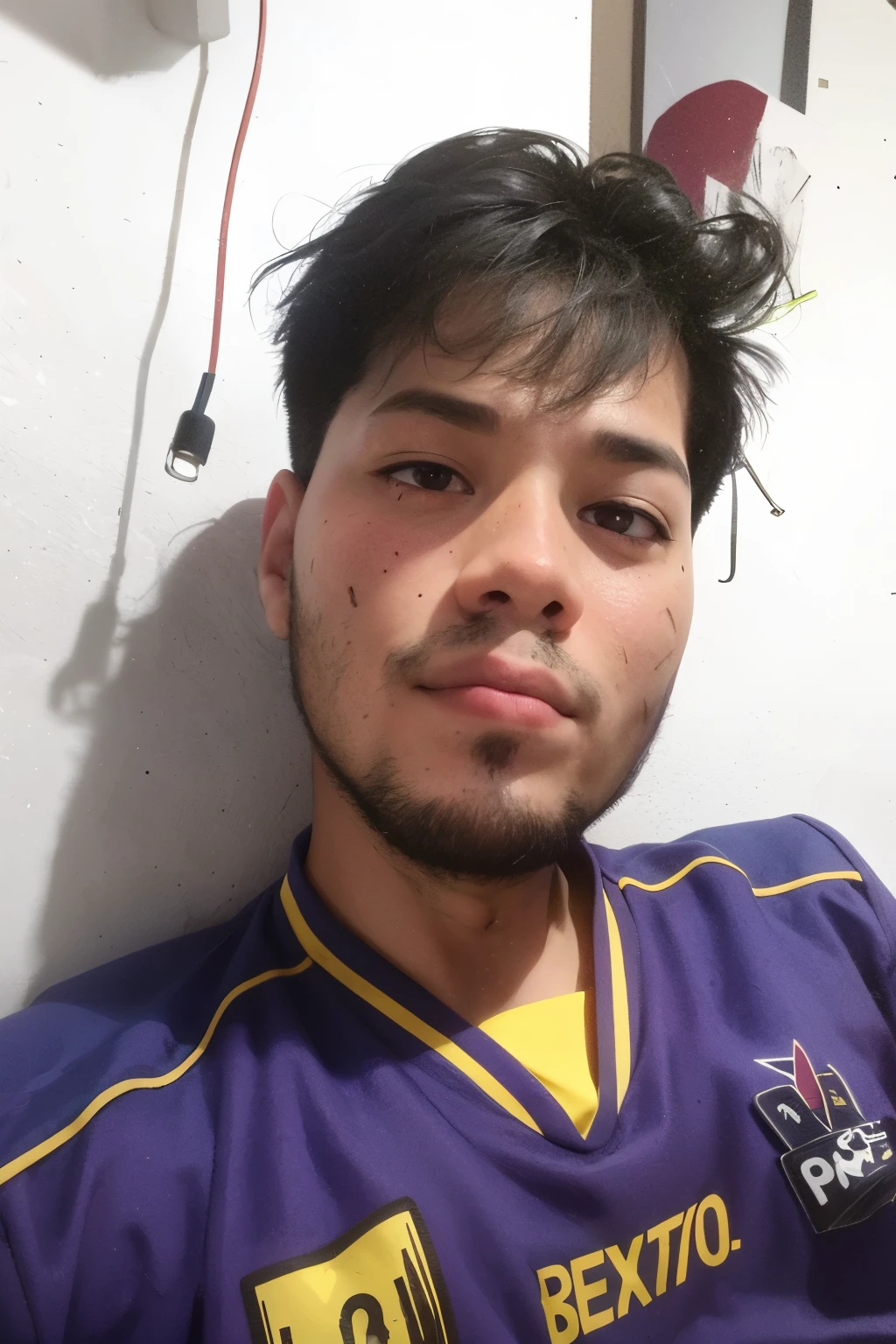 there is a man with a messy haircut and a purple shirt, real ungine, with accurate face, mildly scarred on his face, 2 7 years old, ramil sunga, 2 3 years old, deformed face, face picture, very ugly face, 8k selfie photograph, ayan nag, 2 2 years old, very very low quality picture, face shot