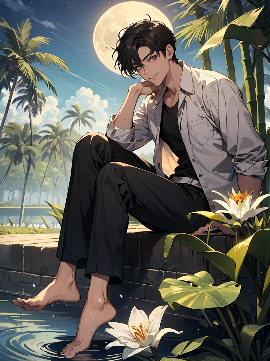 anime man sitting on a table with bottles of alcohol on the beach, handsome anime pose, makoto shinkai art style, ( ( makoto shinkai ) ), artwork in the style of guweiz, relaxing at the beach, style of makoto shinkai, makoto shinkai style, relaxing concept art, sitting at the beach