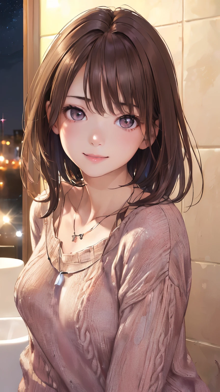 ((night、realistic light、highest quality、8K、masterpiece: 1.3))、1 girl、slim beauty: 1.4、(brown hair、medium breasts: 1.3)、Pink long sweater: 1.1、Bathroom、extra thin face、delicate eyes、 double eyelid、smile、necklace、brown eyes