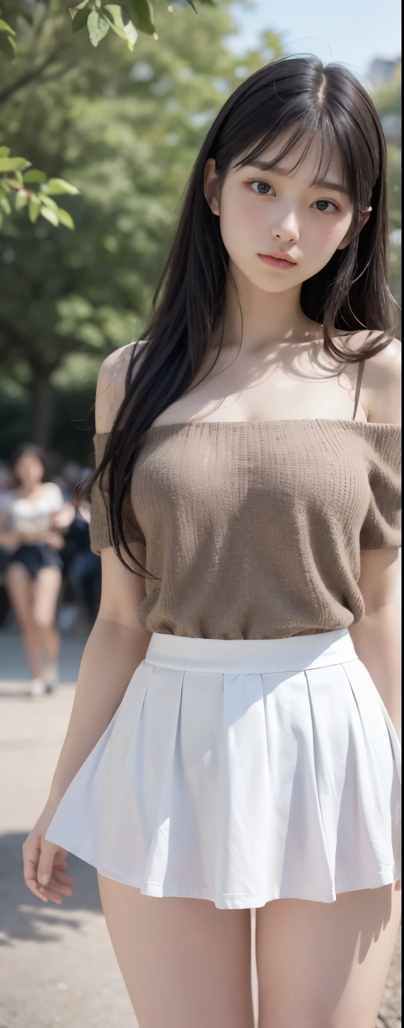 , Highly detailed cute girl, 20-year-old, (skirt lift), ((skirt lift by myself)), white panties , panties focus, blush, parted lips, looking at the viewer , half body shot , wearing an off-shoulder shirt , (crowd), (crowded park) ,