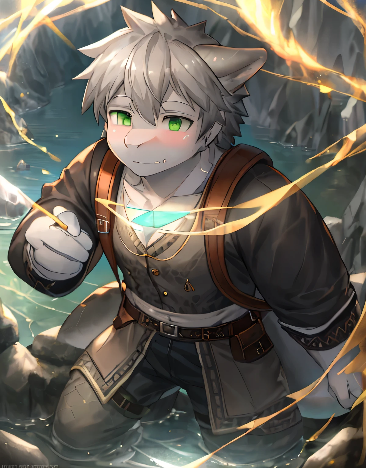 adult dragon male,Dragon Male,green eyes,Gray scales all over body,merchant,rock punch,rock lotus,Set in the middle of the lake,background,A firm demeanor,super cute face,Wearing a backpack,Use rock magic,Lighting environment,artwork,Detailed eyes,Detailed face,beautiful eyes,masterpiece,Dragon tail,high quality,alone,focus,Fat Chubby,Lots of brown rock magic,Adult males,Gray scales,gray hair,best quality,high resolution,Dressed,Remove subtitles,masterpiece, high quality portraits, 3D realistic CG, 16k, dramatic lighting, intricate details,Award-winning, best quality, high resolution,Half-Dragon