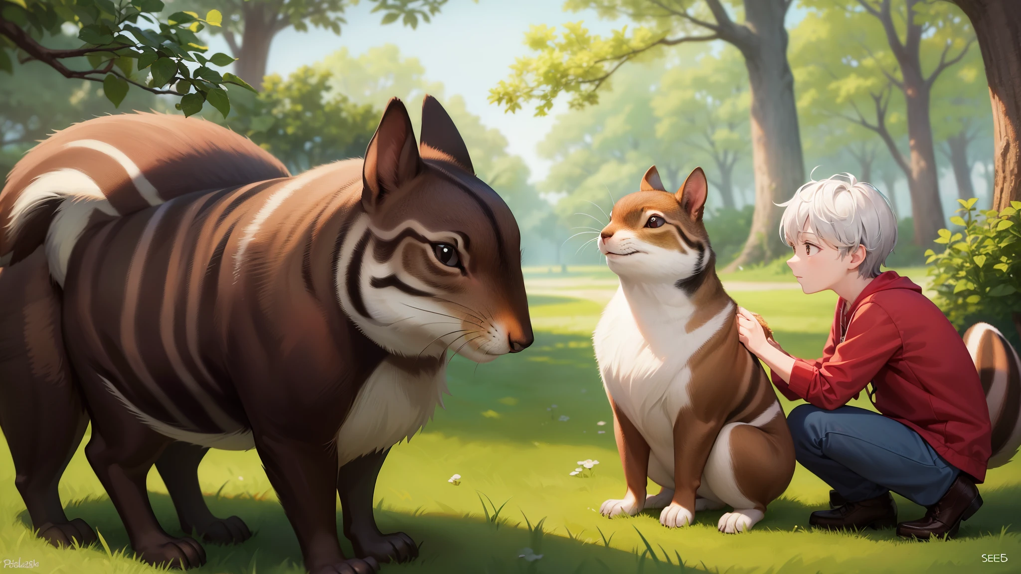 Show Peter and the Squirrel standing beside the Dog, who appears sad and lost. Their expressions should convey empathy and a willingness to assist, setting the stage for their selfless act of friendship --seed 2563023938