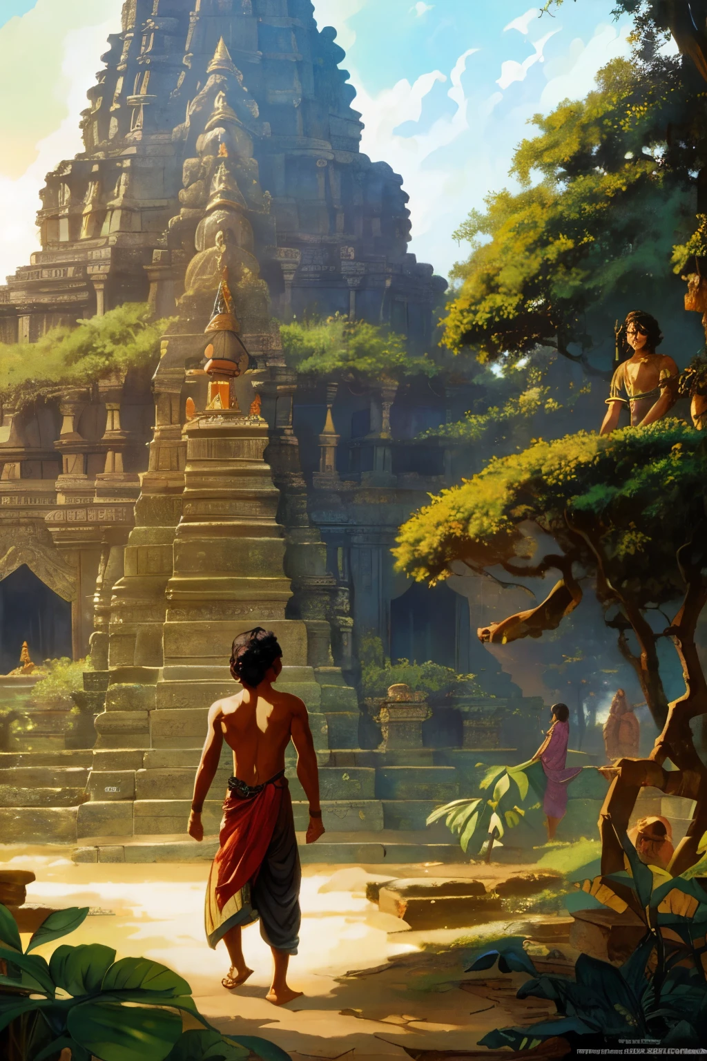 Wide view of a young Hindu man, reminiscent of Mowgli, strolling through an ancient jungle adorned with the remnants of Khmer temples that exude an aura of mystique and history. Amongst the lush foliage, statues of divine deities like Shiva and Ganesh stand tall, emanating a cinematic glow that adds a touch of realism to the scene. Inspired by the renowned artist Frank Frazetta, the illustration captures the essence of his signature style, blending fantasy and reality seamlessly.