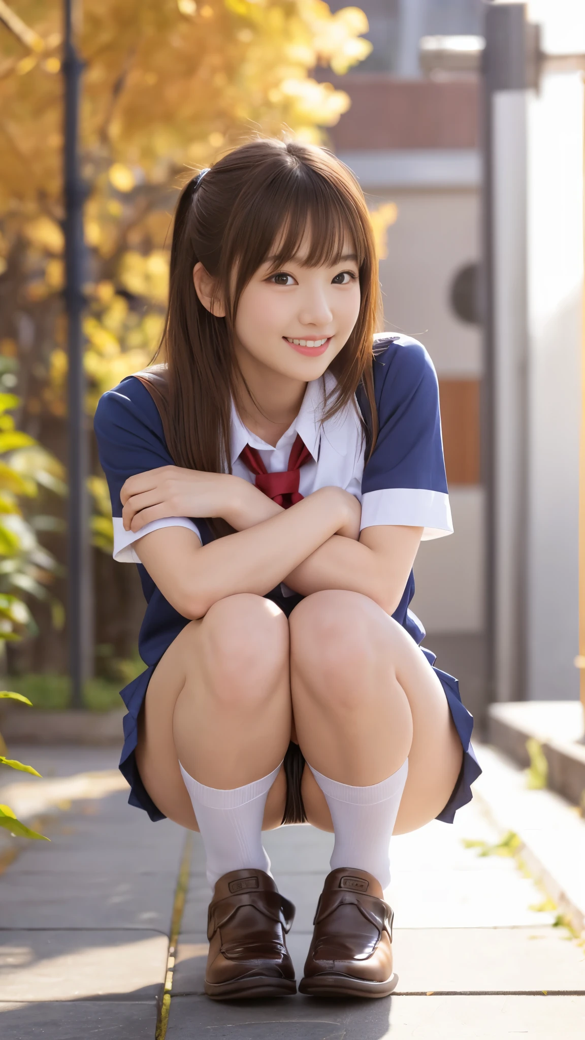 (realistic, photo realistic:1.2), ((highest quality)), return center of gravity, pretty embarrassing, black panties, (show panties:1.4),Tight Skirt, (Panty shot:1.3), (Pull-up skirt:1.3), (squat:1.4), heels on the ground, legs spread slightly, Squat with your knees up, put your butt on the ground, black penny loafers, beautiful face details, real human skin, gentle expression, Front view, angle from below, realistic, photorealistic, cute, short skirt, squat deep on school grounds, cute school girl, japanese high school girl uniform, sailor suit, whole body,smile, natural smile, charming smile, enchanting smile, (looking at the viewer:1.2), From before, from below,