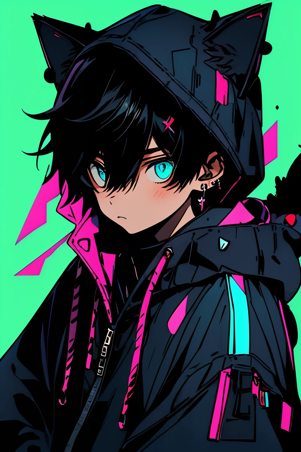 (best quality, masterpiece:1.2),1boy,niji,hood,black hair,pink background,hood up,hair between eyes,looking at viewer,solo,animal hood,simple background,jewelry,stuffed animal,cyan eyes,earrings,upper body,bangs,closed mouth,sleeves past wrists,hoodie,long sleeves,jacket,zipper,bandaid,cat hood,cyan eyes,black hoodie,black jacket,animal ears,fake animal ears,crossed bangs,1boy,1girl,male focus,hooded jacket,