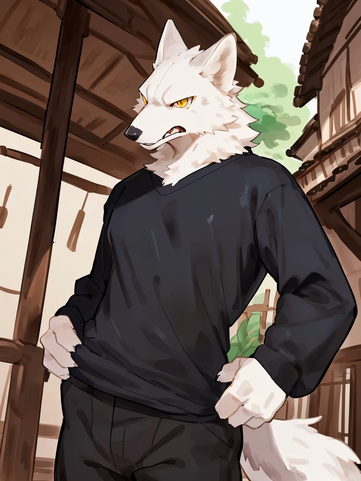 (((Detailed anatomy, detailed eyes, detailed body detailed face, best quality, high resolution))), solo, (1male, white wolf, adult body, white furs, skinny muscle, angry, yellow eyes), black long sleeve t-shirt, black pants, in the Asian village, blue spell, by Buta99, by Bebebebebe