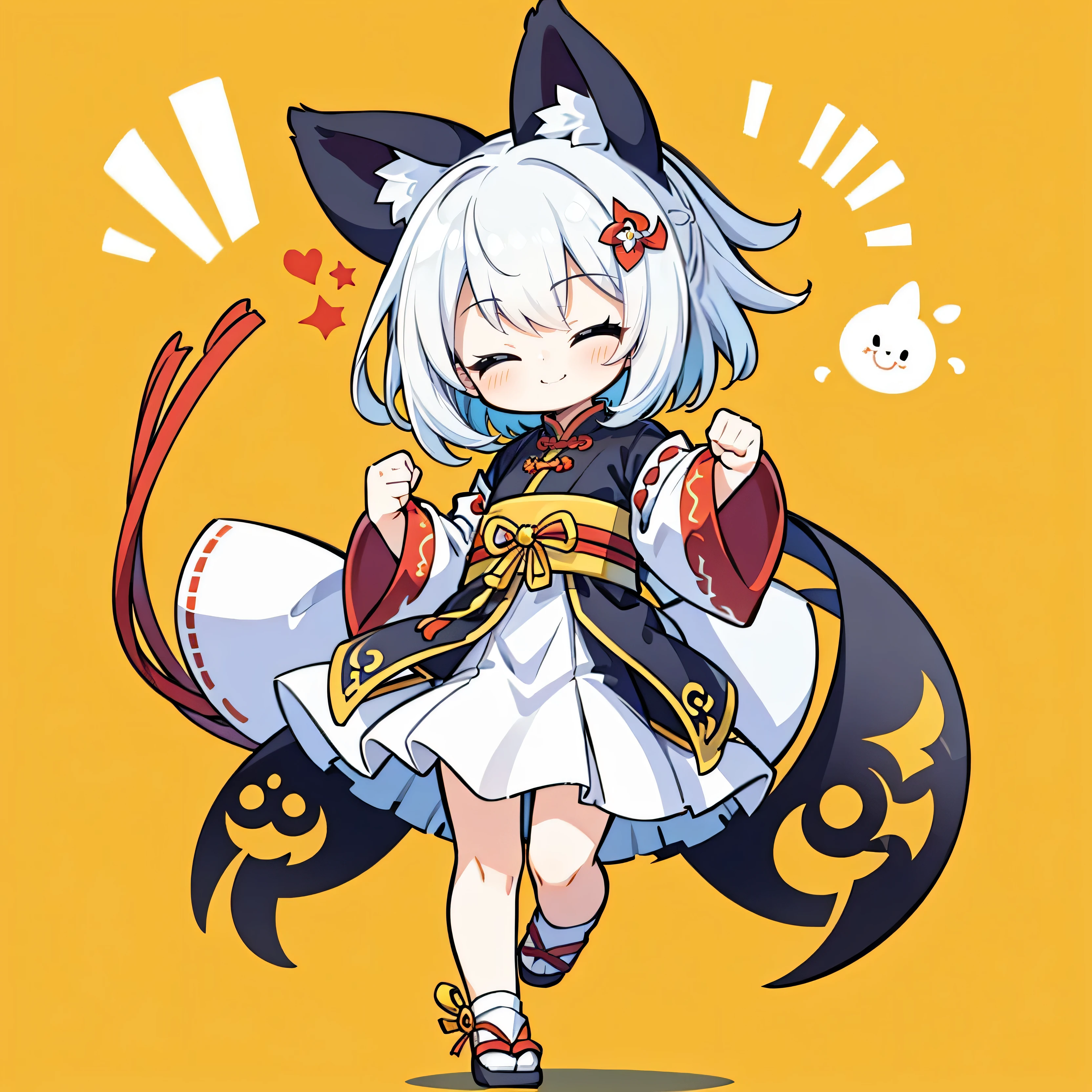 girl, short hair, cat ears, Chinese traditional clothing fusion, Clothing colors yellow and red, hair white, SD Character, Exciting movement while jumping, Close your eyes and smile brightly, Raise one hand up into a fist