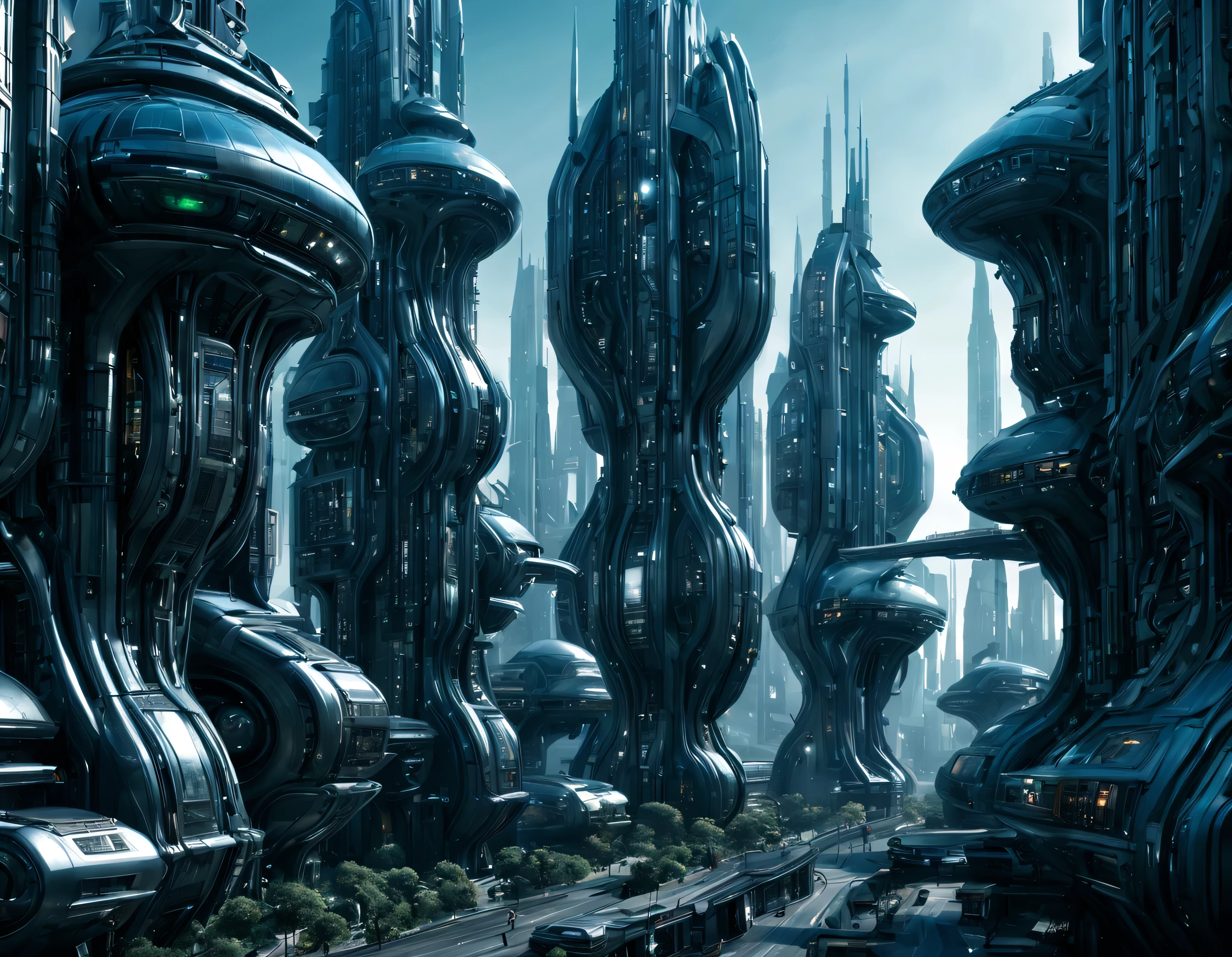 street of an extraterrestrial alien city with futuristic and technological architecture in its metal and glass buildings, some aliens walking around, ventanas iluminadas, all full of imagination, science fiction and (intrincados detalles de la maquina).imagen fotorrealista, Maximum sharpness, calidad 8k.(obra maestra de calidad superior). 3D.