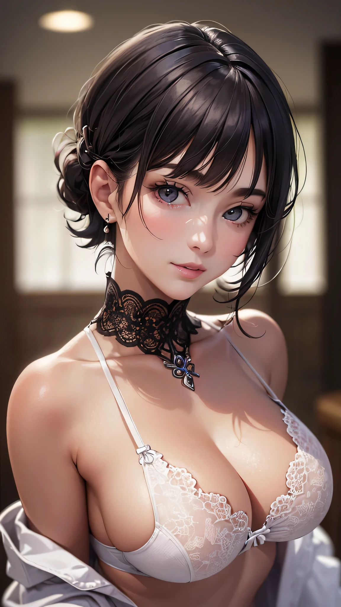 (Close-up:1.4)、(RAW photo:1.2)、(photorealistic:1.4)、(masterpiece:1.3)、(highest quality:1.4)、(Beautiful woman with perfect body:1.4)、solo、7 head and body、beautiful japanese girl、shiny fair skin、Realistic beautiful make-up face、Realistic and beautiful bright eyes、double eyelids、view viewer、smiling、Highly detailed shiny black short hair and bangs、messy hair、slimming、slim face、thin slim waist、big breasts、(white lab coat、Black innerwear:1.2)、realistic lighting and shadows、Very delicate and beautiful photo、8K、(perfect anatomy:1.2)、