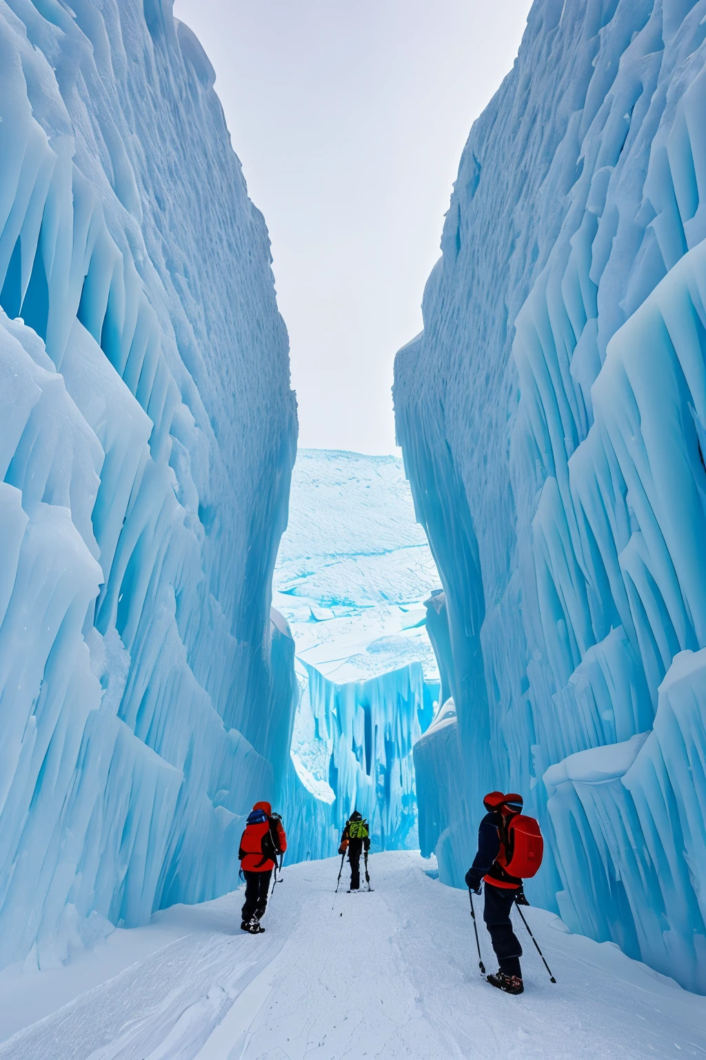 In the heart of the Antarctic continent, a hidden paradise unfolds before the eyes. A vast expanse of ice stretches out as far as the eye can see, adorned with the grandeur of a huge ice wall. Entering the ice wall, one discovers a lush wilderness of cave plants, thriving in the unique environment. A couple of intrepid trekkers are seen exploring the place, clad in their trekking gears, enduring the extreme conditions. At the end of the ice wall lies a captivating tunnel, leading to unknown adventures and secrets of the Antarctic paradise.

(Masterpiece, ultimate quality, Cg unity 8k wall