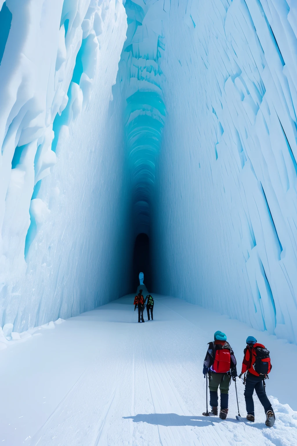 In the heart of the Antarctic continent, a hidden paradise unfolds before the eyes. A vast expanse of ice stretches out as far as the eye can see, adorned with the grandeur of a huge ice wall. Entering the ice wall, one discovers a lush wilderness of cave plants, thriving in the unique environment. A couple of intrepid trekkers are seen exploring the place, clad in their trekking gears, enduring the extreme conditions. At the end of the ice wall lies a captivating tunnel, leading to unknown adventures and secrets of the Antarctic paradise.

(Masterpiece, ultimate quality, Cg unity 8k wall