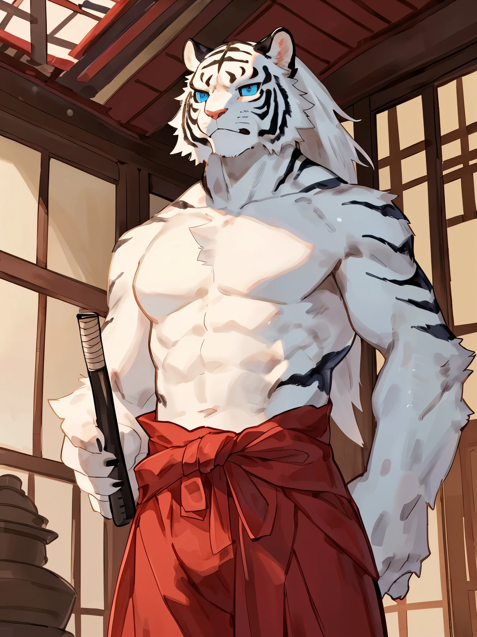 (morning), the white tiger, 独奏, looking at viewert, 夏天, ssmile,muscle men,sbeard,Middle age,Kimono with white,(avas)black kimono,Traditional Chinese clothing,Quality,full-color,extremy detailed,stud earring,Nipple Ring,close-up all over the body,Exquisite painting style,Bulge,detailed crotch