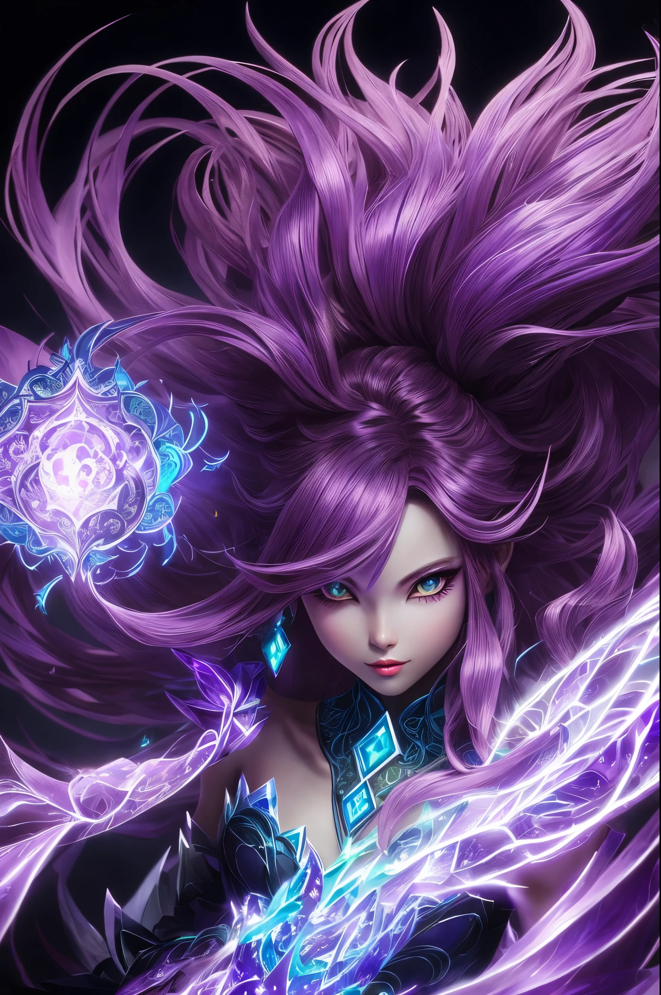 Magic plants， Magical girlfrom the abyss, Magical girl,Blood-red vines stare at the dead souls，charm，，Fear，(Wrapped purple magic lightning:1.5), epic magic power, vines sparkling, Strong current, epic thunderstorm, Strong visual impact, Surrealism, crazy, whimsical, Octagon rendering, complicated,
