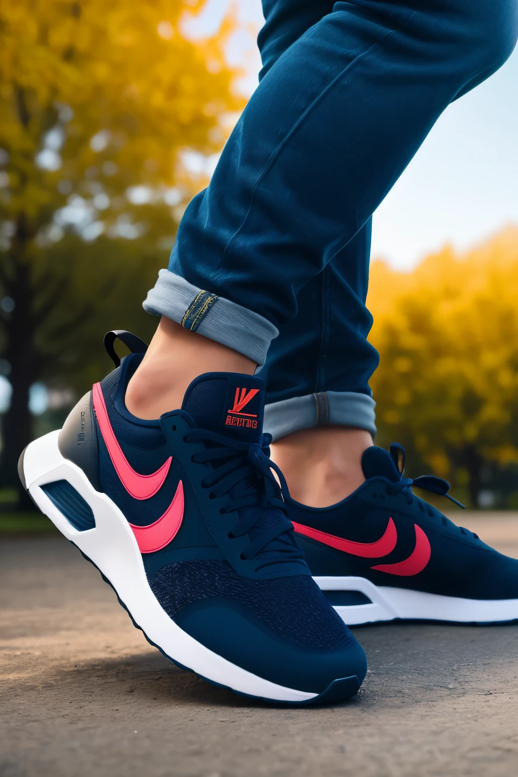 An image of a low angle shot capturing someone's sneakers from the front, in 3D style with high definition 8k resolution, size 800px by 500px, scene set in a park. The sneakers come into sharp focus as the camera pans up, promising a vivid and detailed representation. (Detailed textures, realistic lighting, best quality, cinematic perspective) Captured using a state-of-the-art 3D rendering engine. (High resolution, hyper detailed, realistic, textures, film-like quality, photorealistic, digital illustration, top-notch visuals, 16:9 aspect ratio).