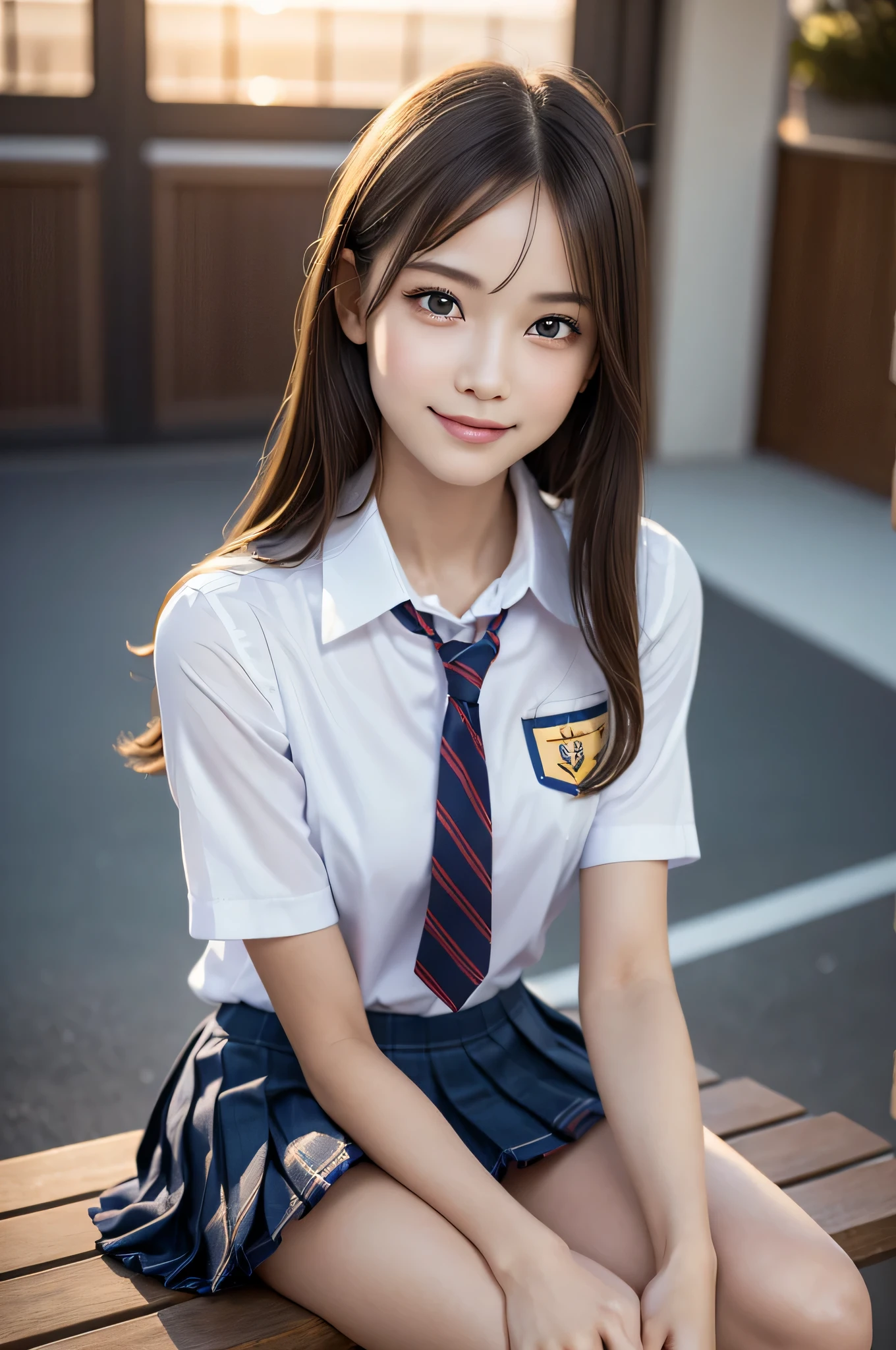 (1 girl), wonderful face and eyes, (big round eyes:1.15), (Highly detailed beautiful face), smile, (school uniform, pleated mini skirt:1.3), (school uniform with open breasts), (highest quality:1.4), (Super detailed), (超realistic, realistic:1.37), Fair skin, 8k wallpaper that integrates high-definition CG, RAW photo, professional photos, cinematic lighting, sitting, bench, spread your legs, (No panties:1.2), (cleft of venus:1.3), twilight, sunset, 