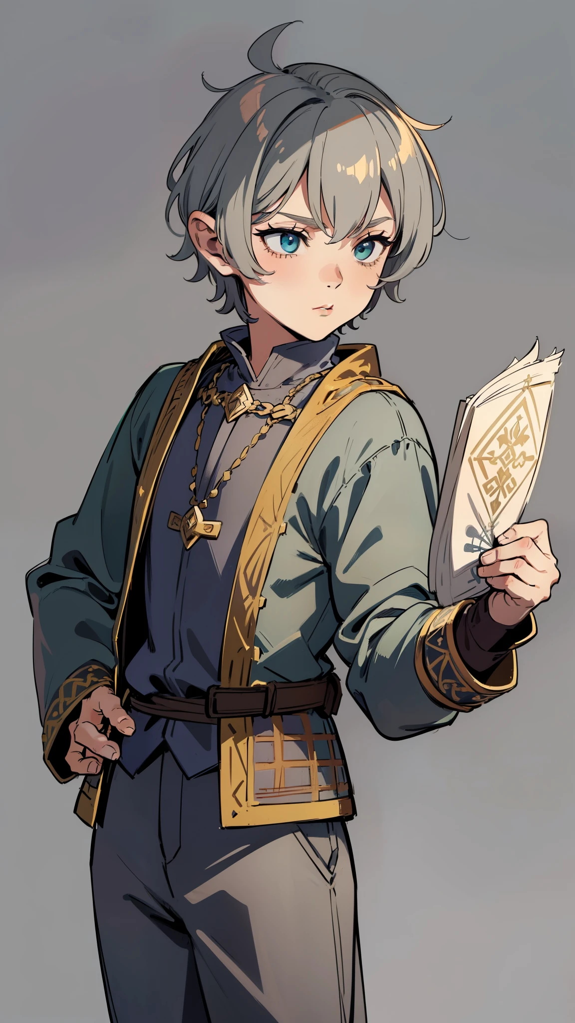 masterpiece, detailed, character, dungeons and dragons character, 1man, gnome halfling male, gnome halfling bard, gnome halfling singer, short hair, handsome face, detailed face, detailed eyes, green eyes, (((tiny body, small height))), ((holding lute in hands:1.1)), (wearing (medieval handsome fantasy cloth apparels, (medieval noble suit, medieval pants, medieval jacket), (medieval bard fantasy outfit)), ((simple background, grey color background))