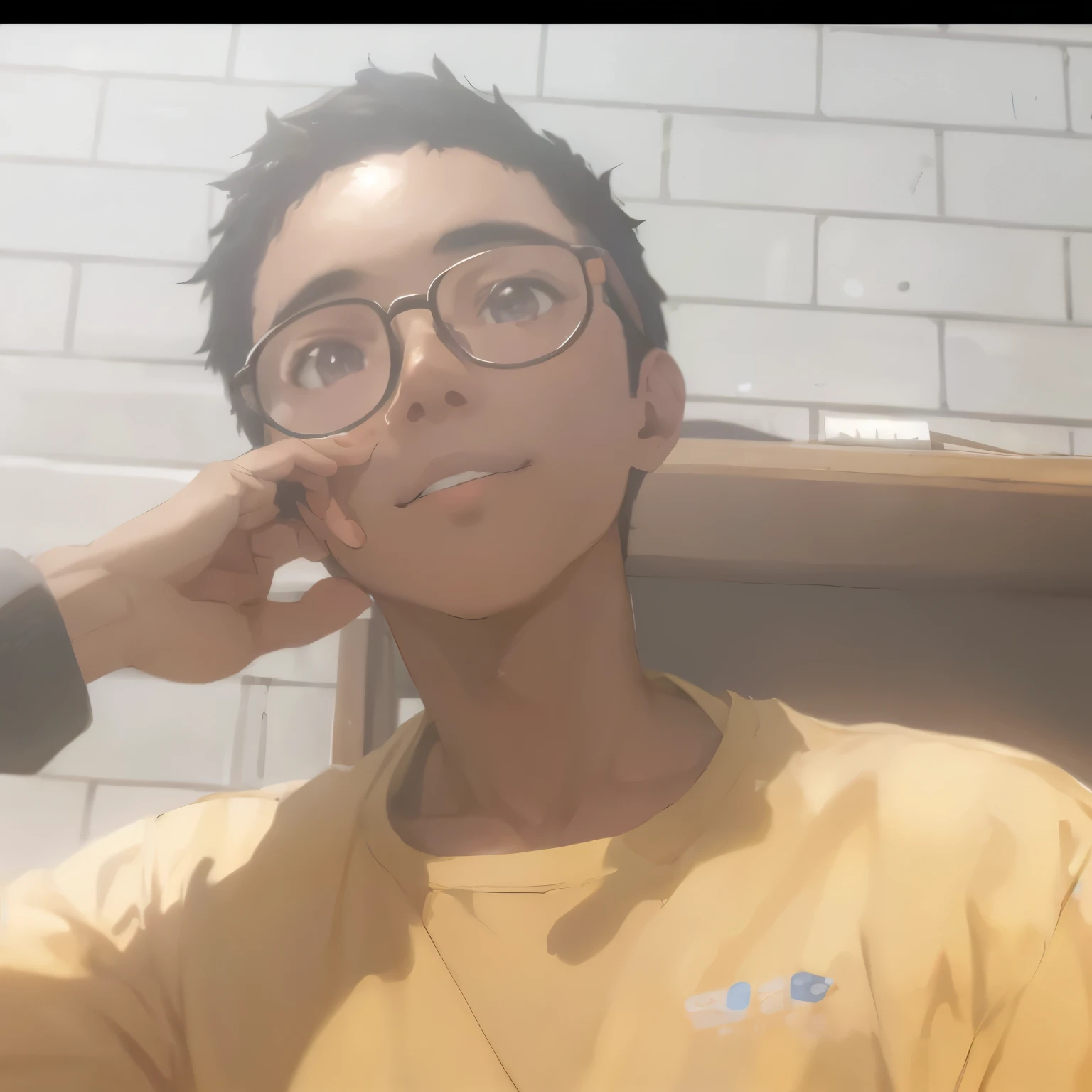 there is a young man wearing glasses and a yellow shirt, very very low quality picture, profile pic, smooth in _ the background, low quality photograph, profile picture, blurry image, taken in the early 2020s, around 1 9 years old, riyahd cassiem, 18 years old, with accurate face, nice afternoon lighting,detailed