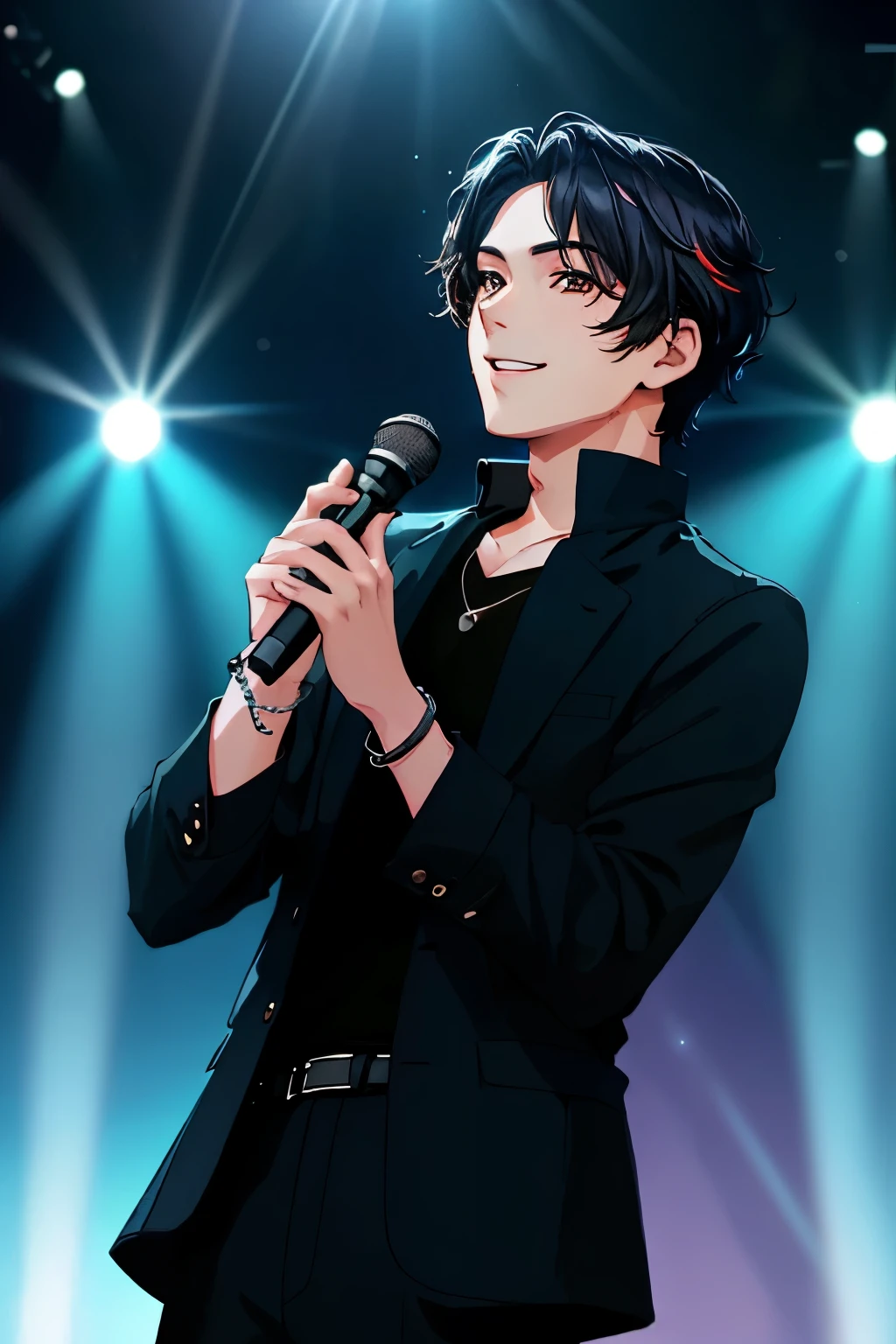 Highest image quality(1 man:1.6),(male:1.6),(male focus:1.4),alone,looking at the viewer,smile,short hair,forehead is showing、black hair,Jacket,male focus,grin and laugh,bracelet,microphone,realistic,on stage,performance,perfect hands,Backlight,Scattered beneath the surface,disorganized,realistic proportions,perfect lighting,85mm lens,side lighting,(Bright colors),an film still,HDR,photograph：Canan EOS R6,135mm,1/1250s,f/2.8,ISO400,photorealistic,sharp focus,