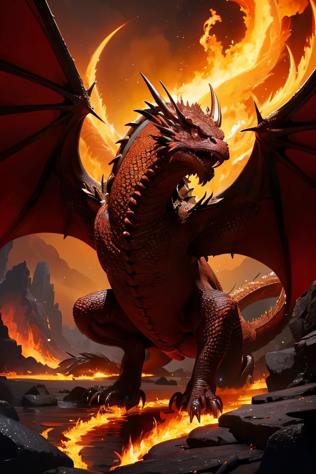 "A golden heavenly dragon, with penetrating crimson eyes, unleashes an inferno through its flared nostrils in this stunning and sorrowful close-up. The high-quality artwork, rendered in 8k resolution, boasts numerous intricate details and fiery particulas. The dragon stands colossal and imposing, its muscles taut and its four legs steady on the ground. Each scales shines brightly with hues of gold, while its claws bear a menacing stained mark. Behold the might and peril of this dragon, guardian of the heavens, with its sharp, fearsome teeth bared and fiery breath engulfing the surroundings."