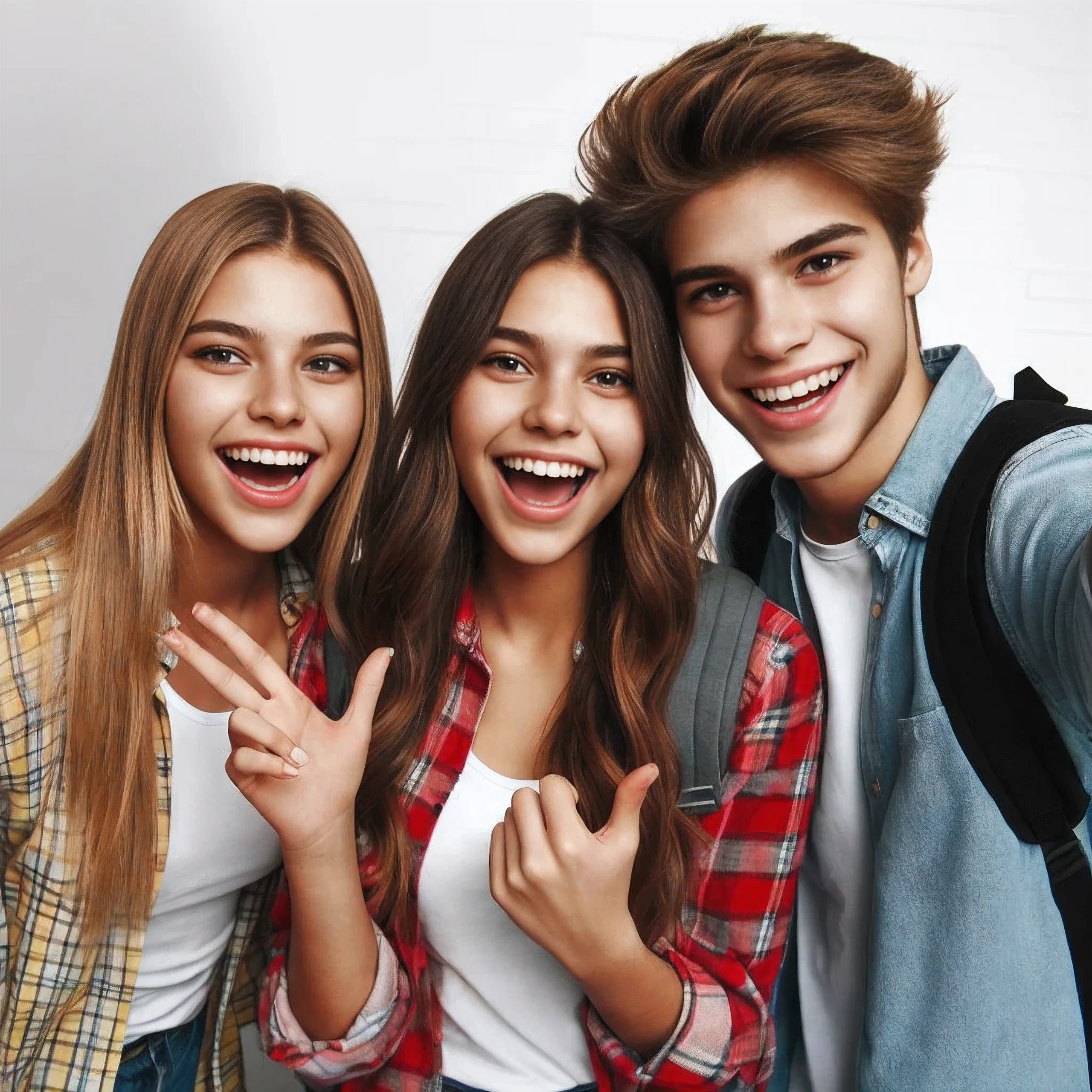 three young people posing for a picture with a camera, modern look, teenagers, gen z, college, profile pic, teen, high quality portrait, selfie photo, shutterstock, high school, teenager, artists, modeling photography, jugendstill, student, selfie photography, young teen, best on adobe stock, group, college students, by Juan O'Gorman