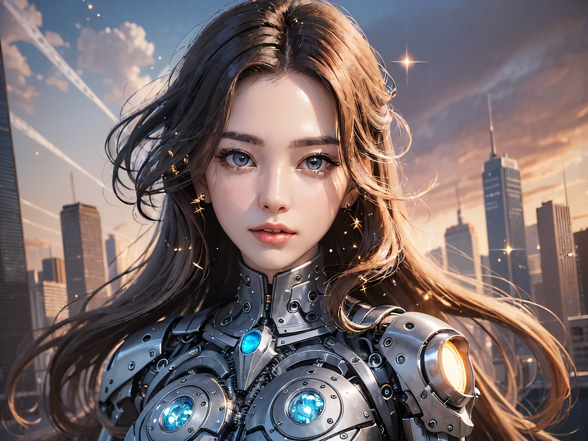 ((highest quality)),(ultra high resolution),(Super detailed),(detailed description),((best CG)),(best work of art),super precision art,great drawing art,(Sci-fi art with precise details:1.5), (1 woman:1.5),(beautiful and well-shaped face:1.5),((A beautifully sparkling mechanical body:1.8)),A cold expression looking at me:1.6,((Machine Eyes:1.5)