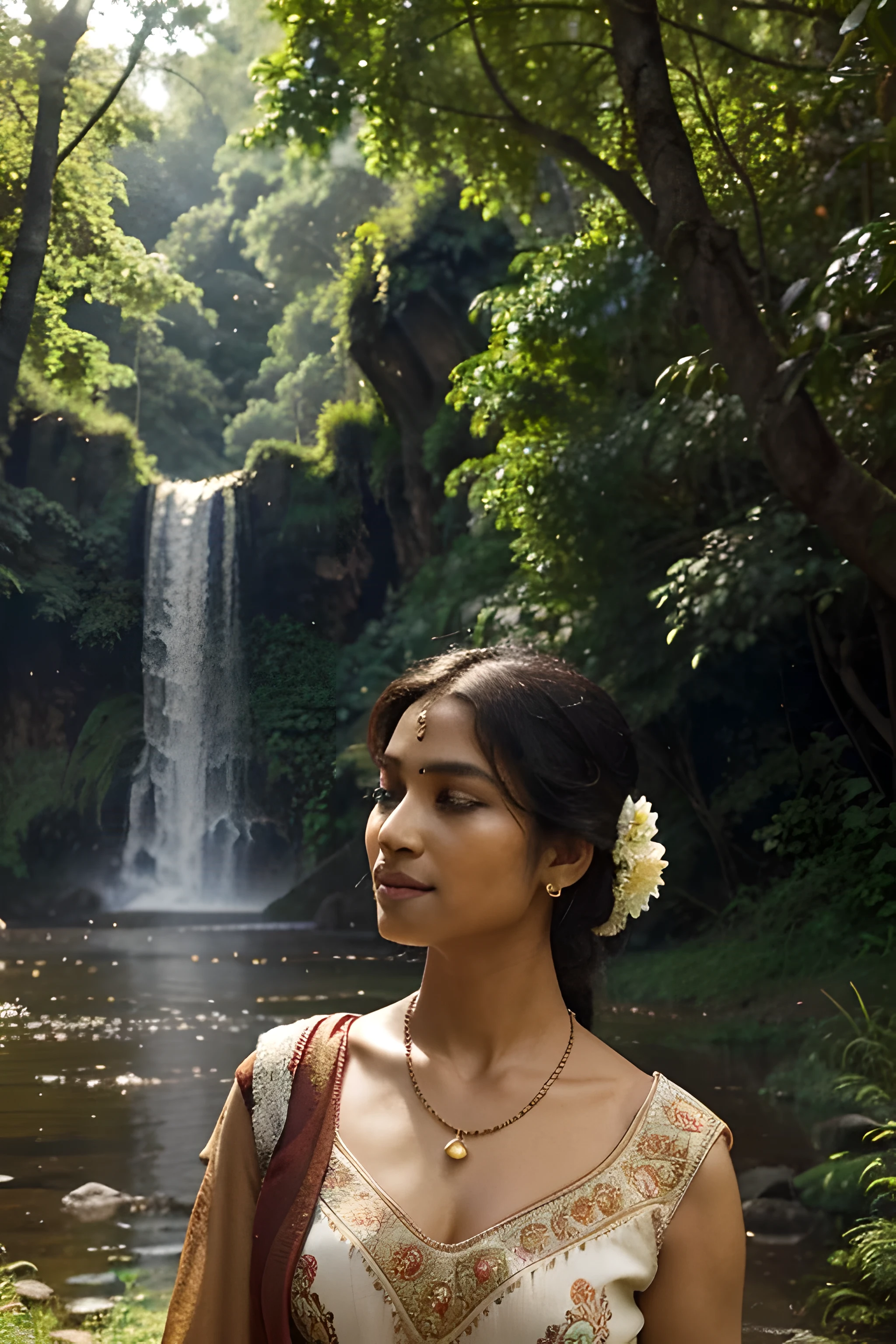 India is in a clearing surrounded by lush forest. alto, leafy trees provide soft shade, creating a peaceful and cool atmosphere around. Raios de sol filtram-se pelas folhas, creating golden light patterns on the floor.
Traditional Indian attire is adorned with fine embroidery and intricate details that tell stories of local culture. Pulseiras artesanais, colares e brincos brilham delicadamente, refletindo o artesanato e a riqueza cultural da comunidade.
India gracefully holds the basket of flowers, e as flores exalam um aroma doce que permeia o ar ao seu redor. Colorful butterflies dance among the flowers, adding a touch of movement and ephemeral beauty to the scene.
Seus olhos, in addition to expressing serenity, reveal a deep connection with the nature around you. Linhas suaves no rosto indicam uma vida vivida com sabedoria, while a peaceful smile plays on the lips.
The surrounding landscape is painted in soft tones, Tons vibrantes, with the hills in the distance gradually disappearing into a morning mist. The nearby waterfall creates a gentle melody as the water gently flows, contribuindo para a harmonia da natureza.