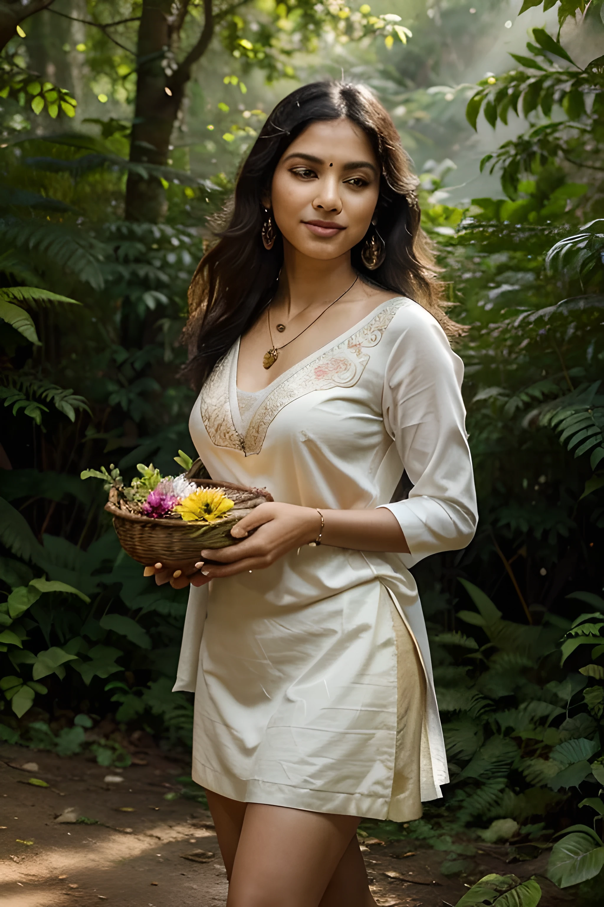 India is in a clearing surrounded by lush forest. alto, leafy trees provide soft shade, creating a peaceful and cool atmosphere around. Raios de sol filtram-se pelas folhas, creating golden light patterns on the floor.

Traditional Indian attire is adorned with fine embroidery and intricate details that tell stories of local culture. Pulseiras artesanais, colares e brincos brilham delicadamente, refletindo o artesanato e a riqueza cultural da comunidade.

India gracefully holds the basket of flowers, e as flores exalam um aroma doce que permeia o ar ao seu redor. Colorful butterflies dance among the flowers, adding a touch of movement and ephemeral beauty to the scene.

Seus olhos, in addition to expressing serenity, reveal a deep connection with the nature around you. Linhas suaves no rosto indicam uma vida vivida com sabedoria, while a peaceful smile plays on the lips.

The surrounding landscape is painted in soft tones, Tons vibrantes, with the hills in the distance gradually disappearing into a morning mist. The nearby waterfall creates a gentle melody as the water gently flows, contribuindo para a harmonia da natureza.