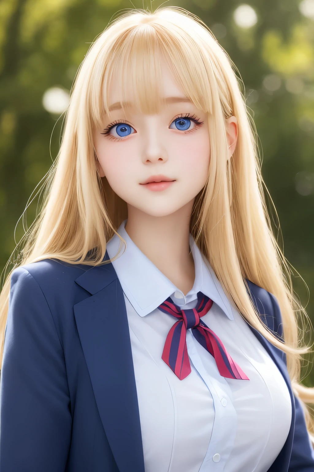 bright expression、fotorealsim、best quality、超High resolution、pictures、Very beautiful Nordic girl photo、Cute and beautiful face details、Beautiful bangs、Alice in the Wonderland、20 years old、Shining white shining skin、Bangs that stick out to the face、bangs 、Hair between the eyes、Super long hair、Attractive bright natural blonde super long straight fine hair、Smoother hair、Bright light blue big eyes bright and beautiful radiant attractive、School uniform、student clothes、eye liner、Double eyelids、breast big