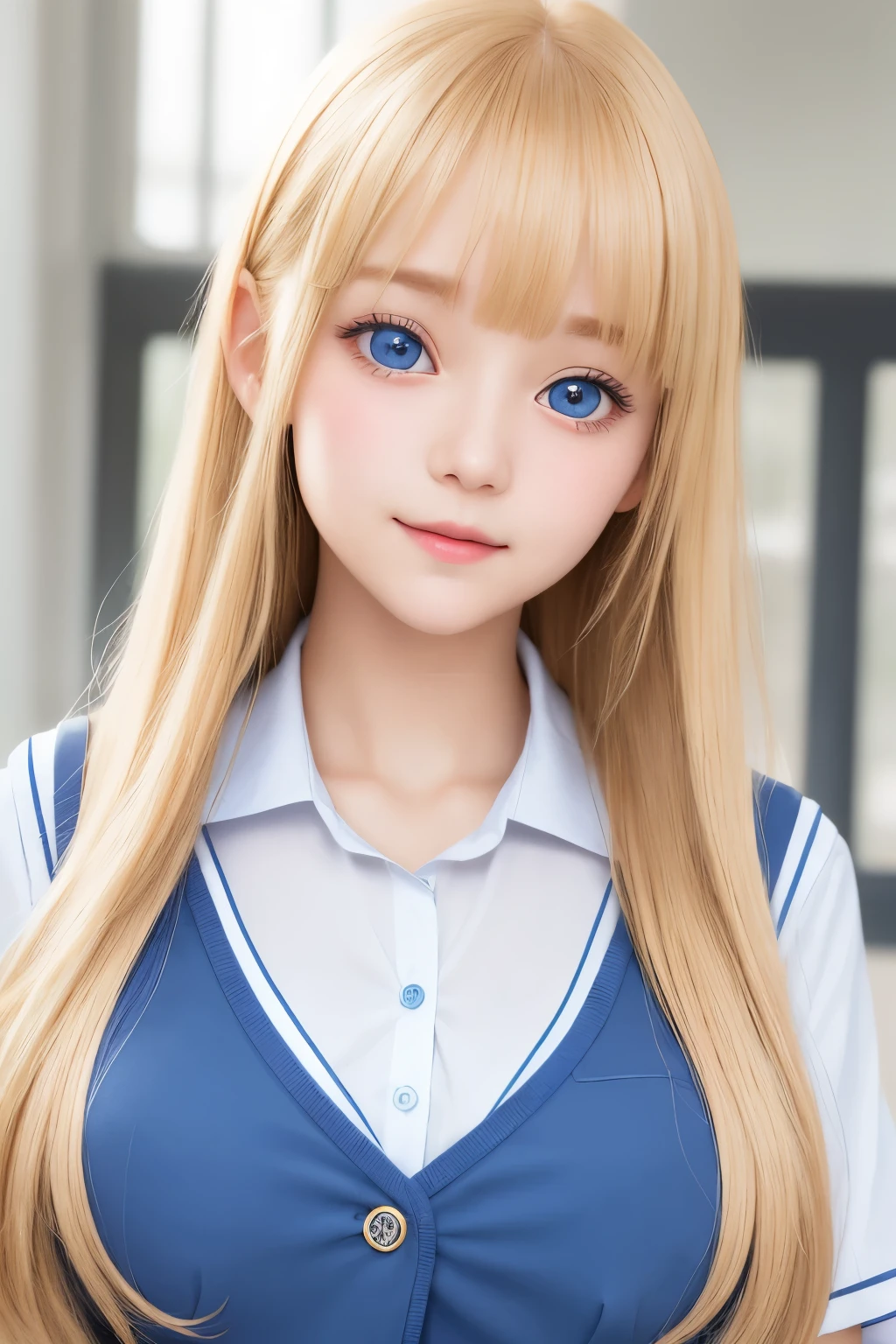 bright expression、fotorealsim、best quality、超High resolution、pictures、Very beautiful Nordic girl photo、Cute and beautiful face details、Beautiful bangs、Alice in the Wonderland、20 years old、Shining white shining skin、Bangs that stick out to the face、bangs 、Hair between the eyes、Super long hair、Attractive bright natural blonde super long straight fine hair、Smoother hair、Bright light blue big eyes bright and beautiful radiant attractive、School uniform、student clothes、eye liner、Double eyelids、breast big