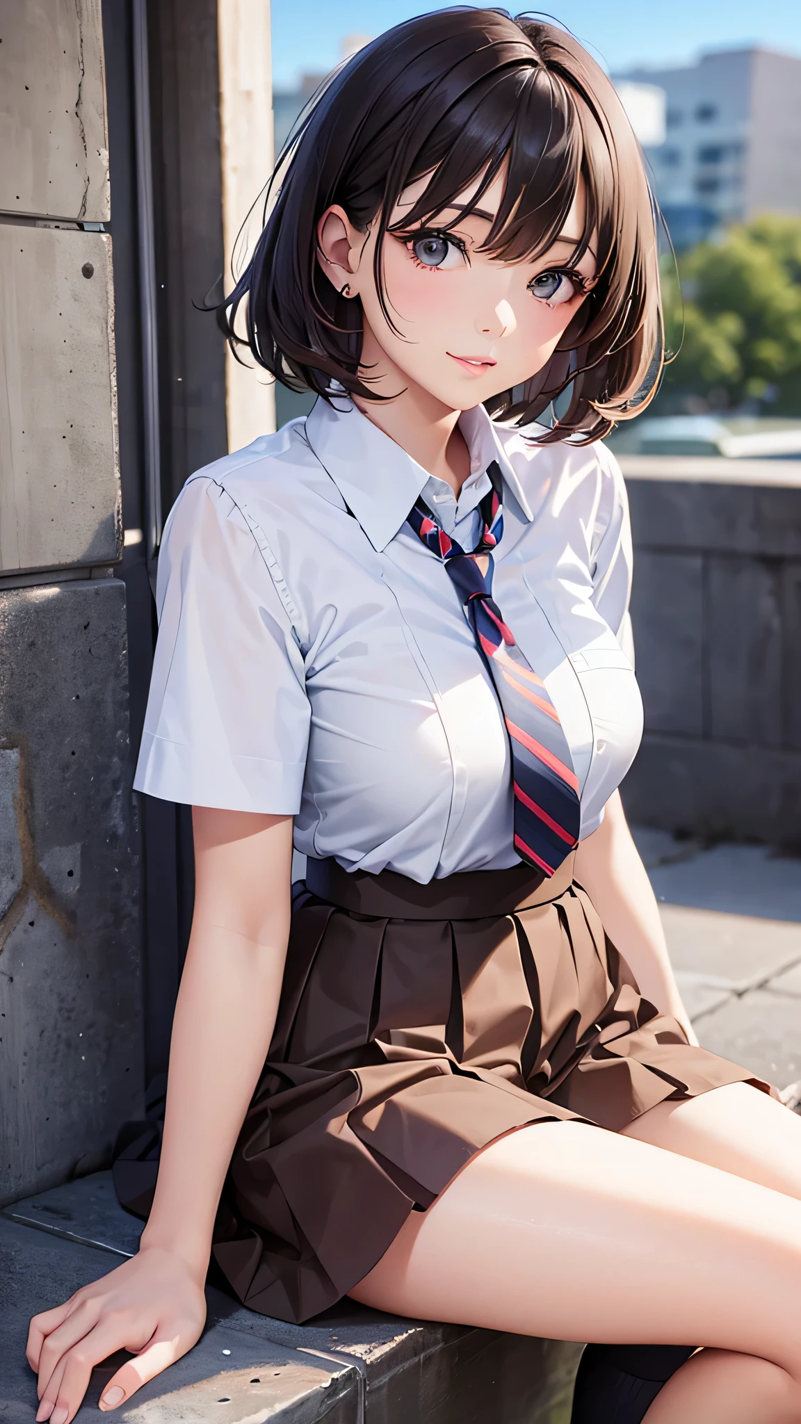 (Close-up:1.4)、(RAW photo:1.2)、(photorealistic:1.4)、(masterpiece:1.3)、(highest quality:1.4)、(Beautiful woman with perfect body:1.4)、solo、7 head and body、(cute face)、(cute:1.2)、(full body shot)、(panty shot:1.3)、(spread your legs:1.3)、beautiful detailed sky、night、wet、looking at the viewer、(sitting:1.5)、smile、big breasts、(beautiful detailed eyes)、(charming big eyes)、(beautiful double eyelids)、(beautiful and detailed face)、(short hair:1.1)、(brown hair)、(perfect anatomy:1.2)、(tie、pleated skirt、school uniform、white panties、white shirt、loafers、socks:1.3)、blurred background、outdoor、