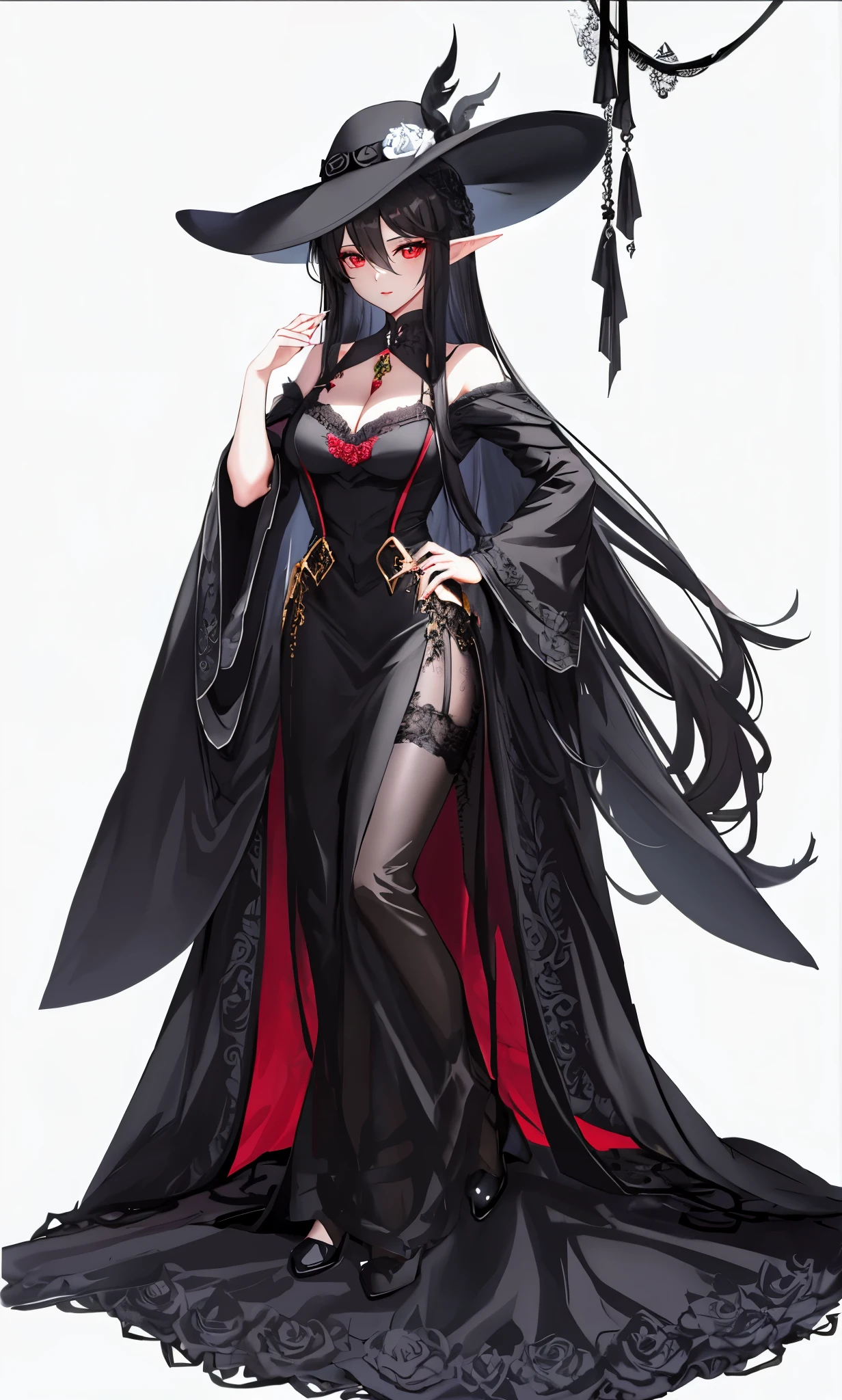 long black hair,close up,dream world,Elf royal sister,long black hair凌乱的发丝,Nice red eyes,ruins background,Black Rose Garden,grace,Manicure,Huge wide-brimmed black hat,(Black lady hat),necklace,humanoid,Baroque, Her skin is very white, fair complexion,(Black lace long dress,Black lace suspenders),pointed toe high heels,