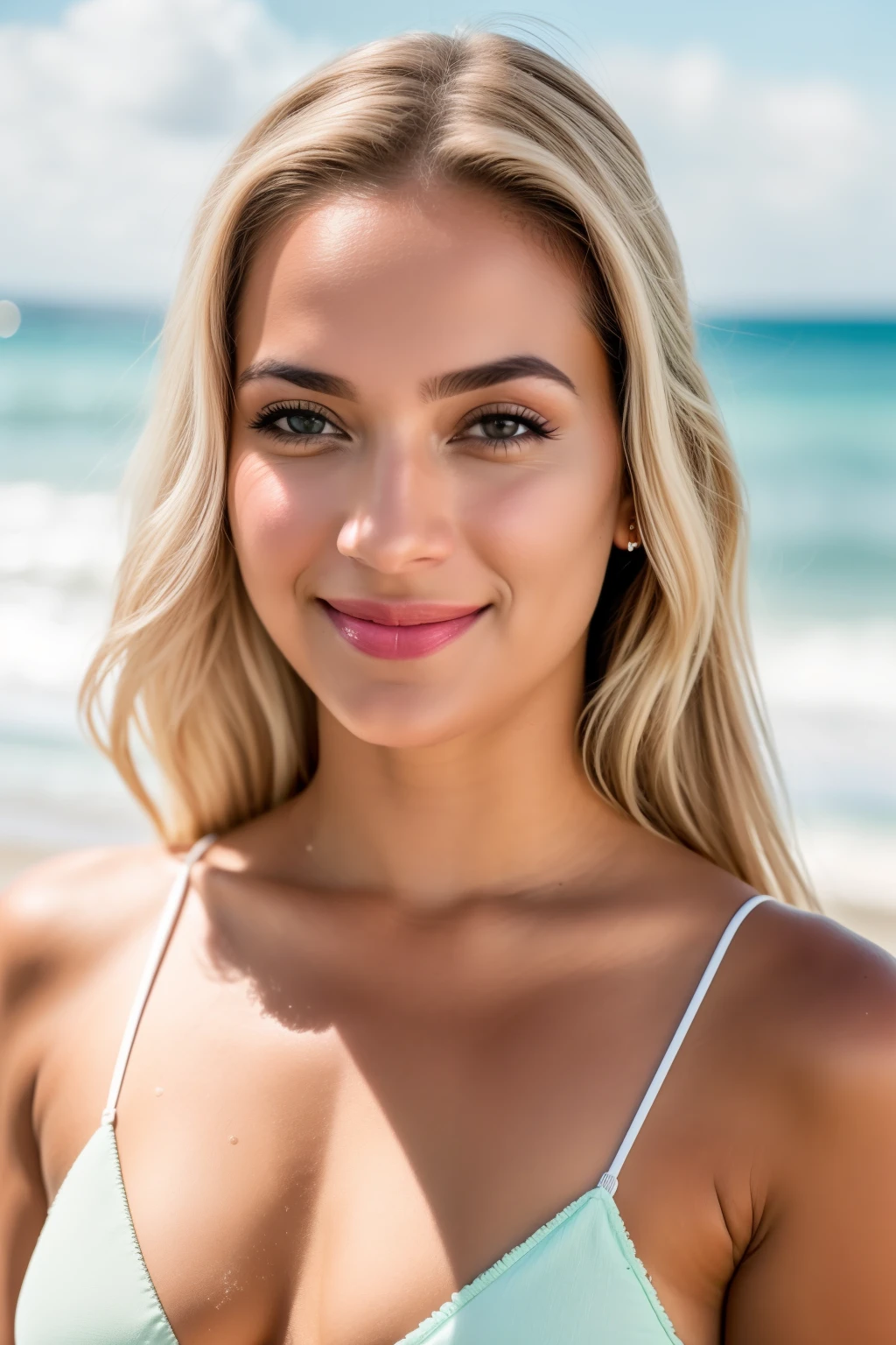 Foto RAW em sequencia, uma fotografia de uma garota loira de idade indeterminada, smiling with your tongue out, banho de praia, biquini, rosto detalhado, planos de fundo detalhados pouco desfocados, luminosidade natural, HDR, fotografia profissional, flirtando com o espectador, visual sexy, fotorrealista, Linda, pele natural, alta qualidade, 8k UHD, cinematographic grain, Fujifilm XT3.
This sequence of RAW photos captures a visually stunning blonde girl on