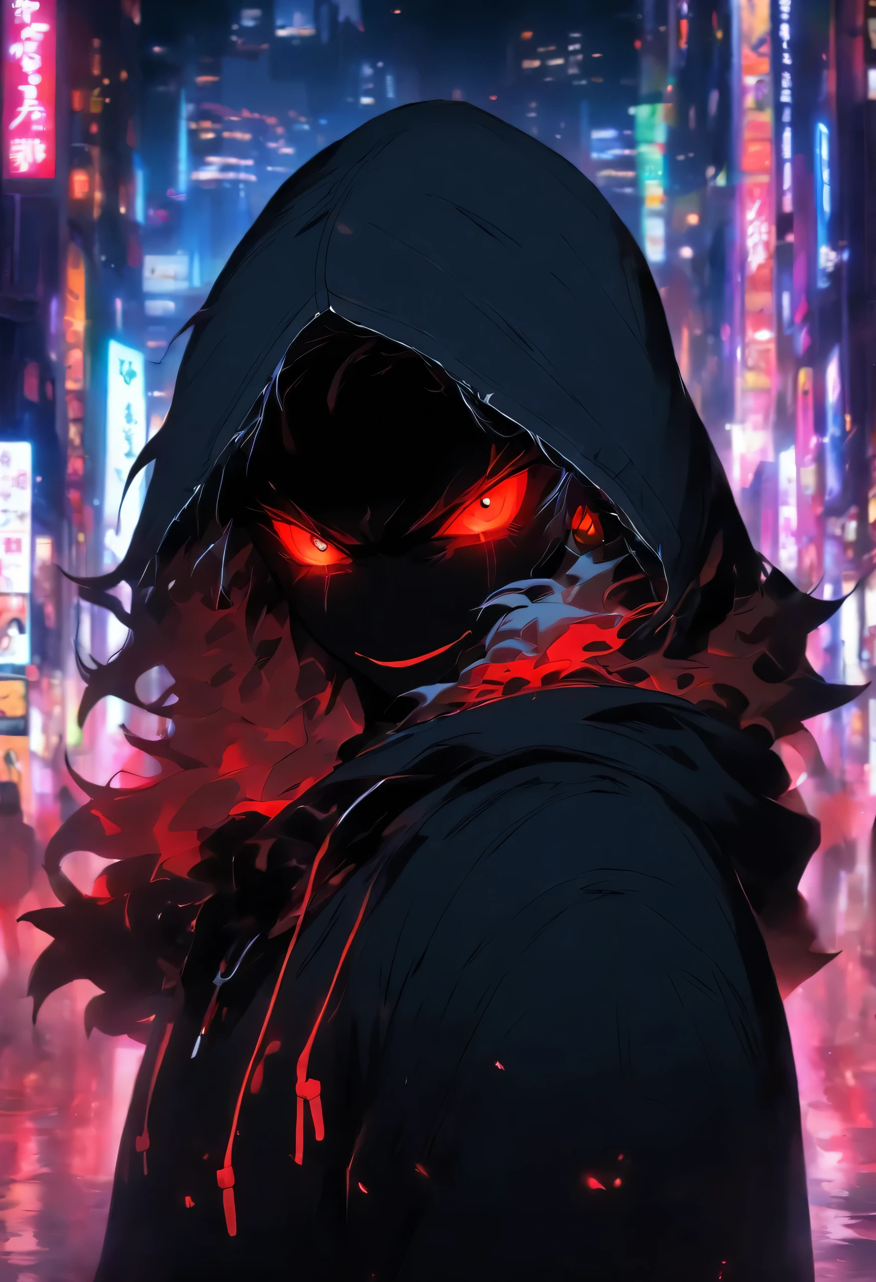 Homem com capuz preto, olhos vermelhos, sorridente, alta qualidade, luz negra, na cidade, na rua, night time, estilo de rua, cabelo branco com detalhes vermelhos, virados para a frente