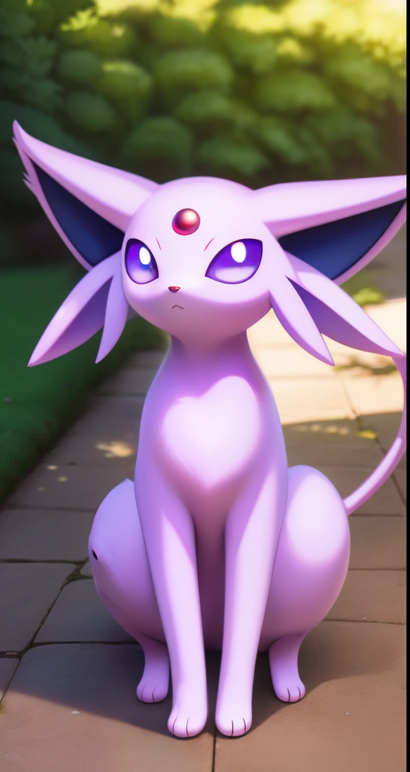 Pokemon, Espeon, purple, cat, icon, looking at viewer, outside, daylight, frown, curious expression, best quality, high quality, masterpiece, solo chibi, quadruped feral:1.4, light medium purple body, clear violet eyes, purple cheek tuft, long ears, long cat tail, detailed Espeon, detailed fluffy fur, full-length portrait, anime style