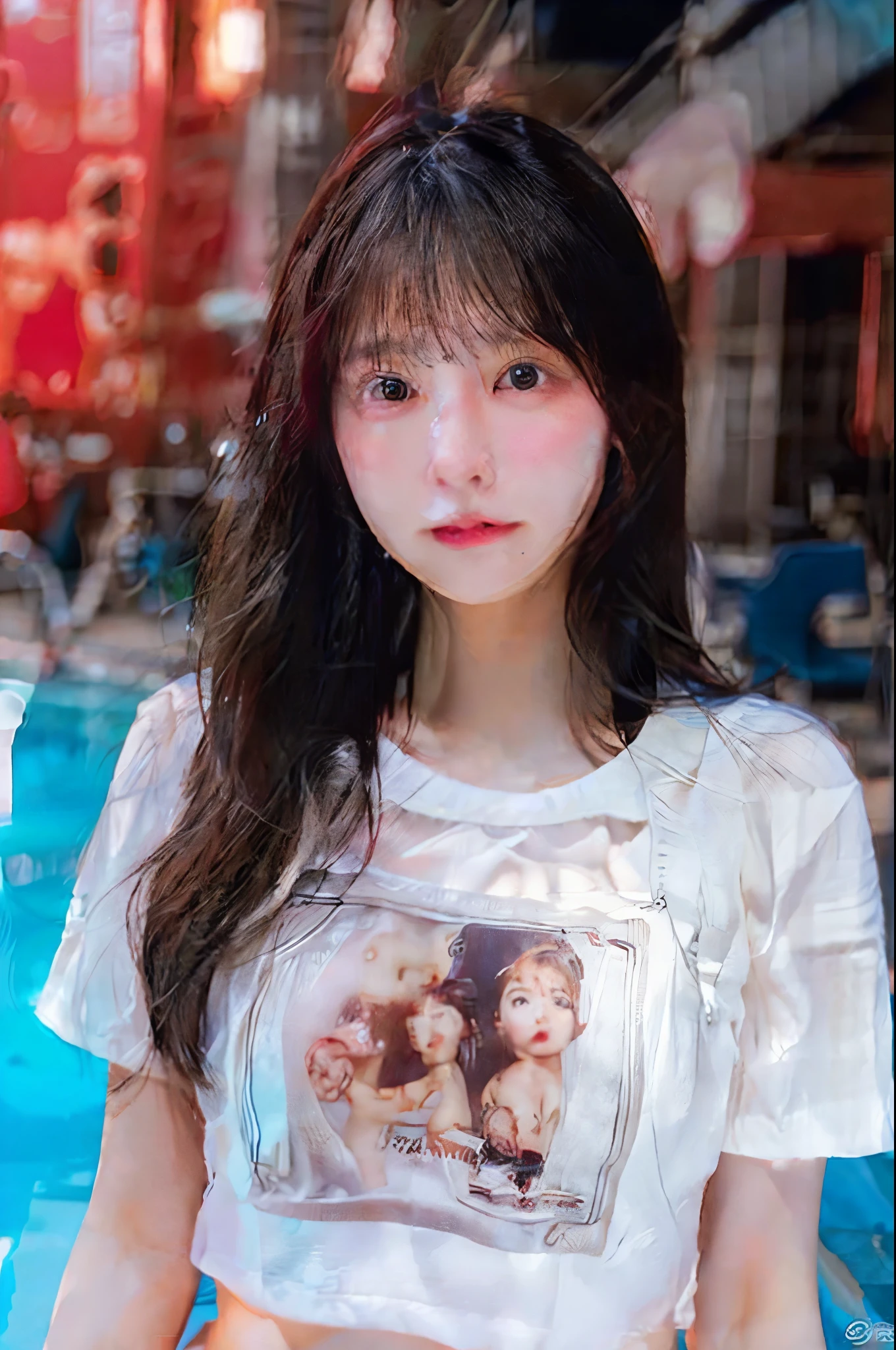 (8k, RAW photo, best quality, masterpiece:1.2), ultra detailed, Japanese girl, wearing a white bra and panty, big breast, , perfect face, black long hair, sitting on a pool side