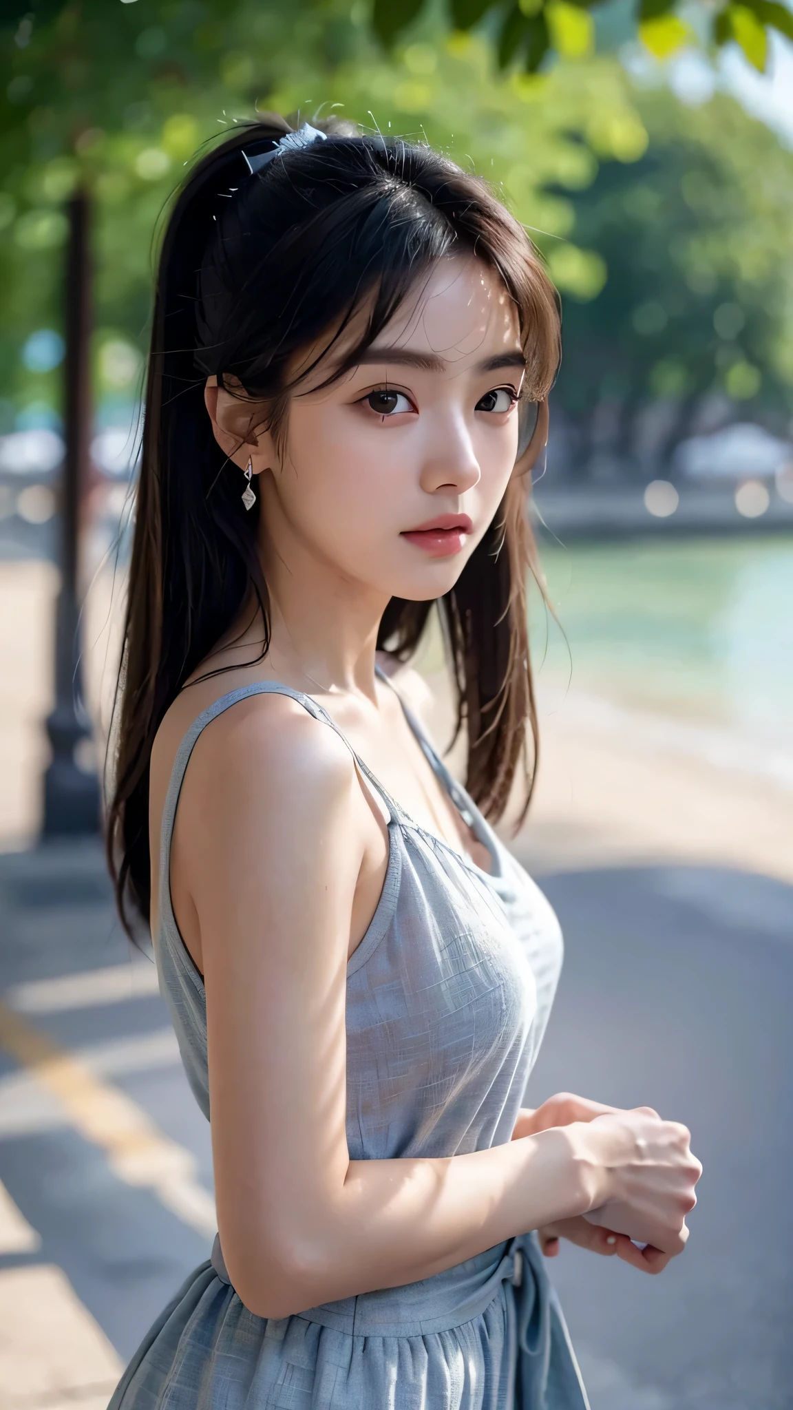 (8k, RAW photos, highest quality, high resolution:1.1), (hyperrealistic:1.4),(realistic, photorealistic:1.3), soft light,realistic face,realistic body,realistic skin,absurdity,masterpiece,(cute:1.8),(slouch:1.8),(from top:1.2),(close-up:1.4),crawling on all fours,POV,( Detailed White Loose T-Shirt:1.2),(Beautiful Nipple Slip:0.9),(Long Hair,Ponytail),(Big:1.2),Cleavage,Detailed Black Eyes,Innocent Eyes,Drooping Eyes,Teary Eyes,Open Lips,Blush,Good Style,Cinema Light,Film Grain,Close Up,Look Viewer,Full Body,Depth of Field, Blurred Background,Eye Focus,Young,85mm Lens, F/ 1.4,Professional Lighting,Portrait,Photon Mapping,Radiosity,Physically Based Rendering,Transparency,Japan Girl,Day,Sunny,Outdoor