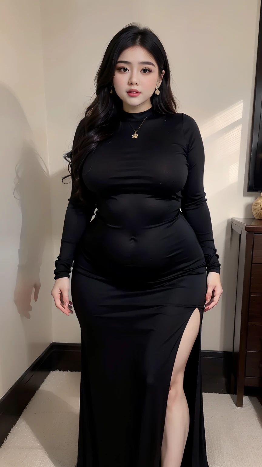 a close up of a woman in a black arabic gamis, thicc, she has a jiggly fat round belly, thick body, beautiful thick female, her belly is fat and round in a black arabic gamis, curvy hourglass figure, thick, skinny waist and thick hips in a arabic gamis, curvy model, full body shot, bbwchan, voluptuous body, thick thighs, very curvy, baby face, chubby cheeks, wearing a sneakers, black gamis fashion