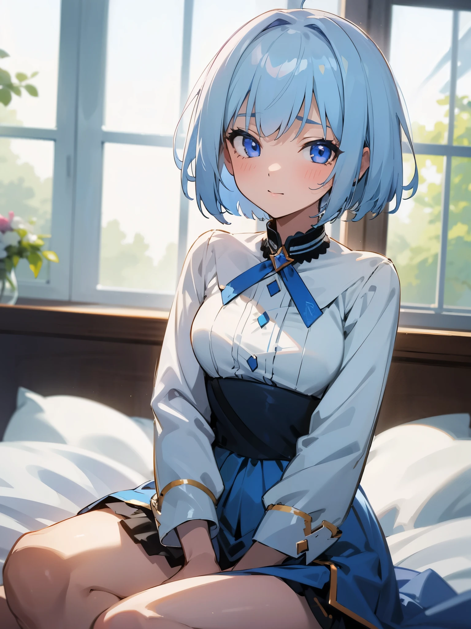 1girl, short hair, blue eyes, blue hair, wearing idol outfit, sitting on a bed, high res, masterpiece, ultrasharp, 8K, looking at viewer, shy,