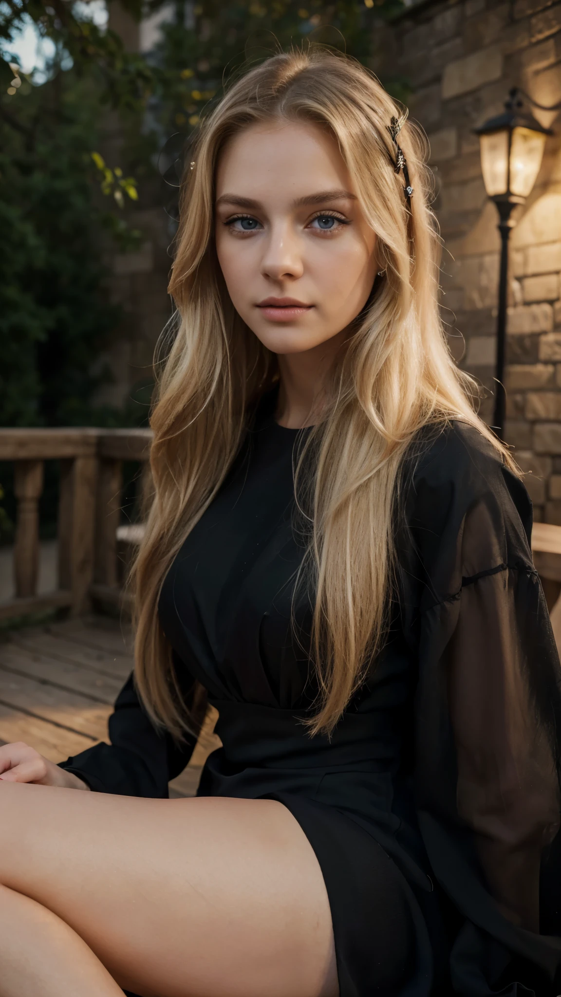 Girl 25 years old, European, long blond hair, blue eyes, deep gaze, measurements 95-60-60, ((Best Quality, 8k, Masterpiece: 1.3)), Full Body, Light Focus: 1.2, Outstanding Beauty Style: 1.4, Slim Abs: 1.2, ((Blond Hair, Large: 1.2)), (Night, Outdoor: 1.1), highly detailed skin and face texture, detailed eyes, double eyelids. wearing black dress, professional portrait