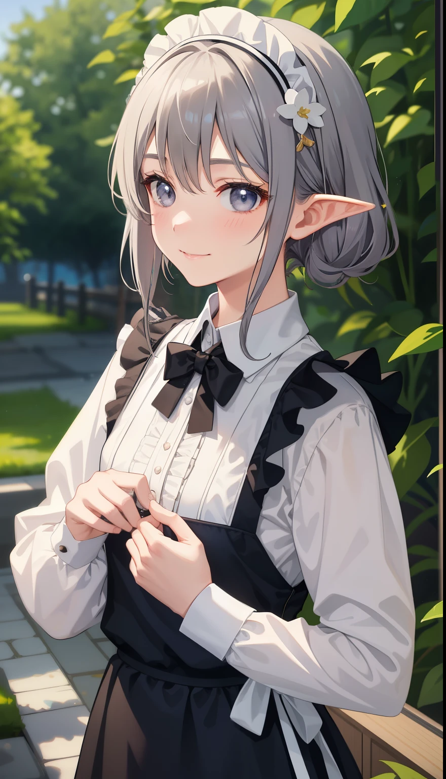 1 girl、smile、AS-Adult、shirt、skirt、apron、hair ornaments、maid、(small breasts)(small breasts)、(upper body portrait)、underwear、gray hair、elf、walk、