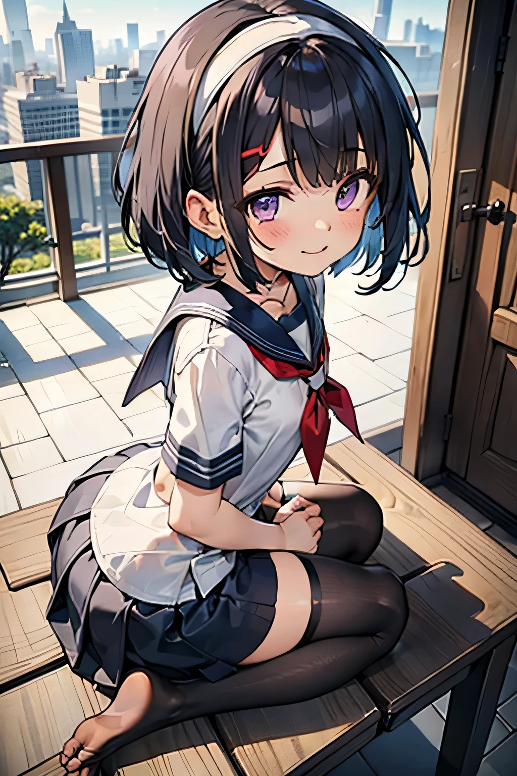 Body 8 times longer than head, (High-definition CG Unity 8K), (highest quality),(very detailed),(ultra high resolution), black hair, High school girl wearing a navy sailor suit, anime 2d rendering, realistic young anime , ((white headband)), purple eyes, small breasts, expensive, slanted eyes, (school scenery), black stockings, bright colors, open your mouth, dark blue skirt, bob cut, position looking down from above, please put your butt on the ground, Put both feet forward, fluttering pose, shy smile,