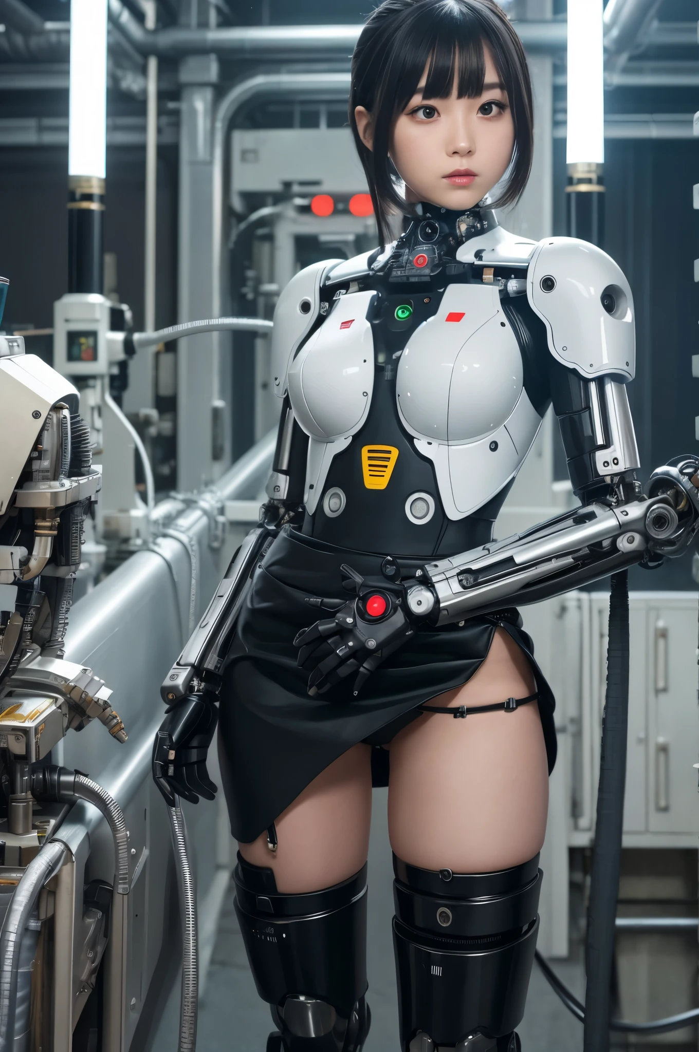 masterpiece, best quality, extremely detailed, Japaese android girl,Plump , control panels,android,Droid,Mechanical Hand, Robot arms and legs, Black hair,Blunt bangs,perfect robot girl,long tube,thick cable connected her neck,android,robot,humanoid,cyborg,japanese cyborg girl ,future laboratory,connecting a cable between the legs,skirt, high socks
