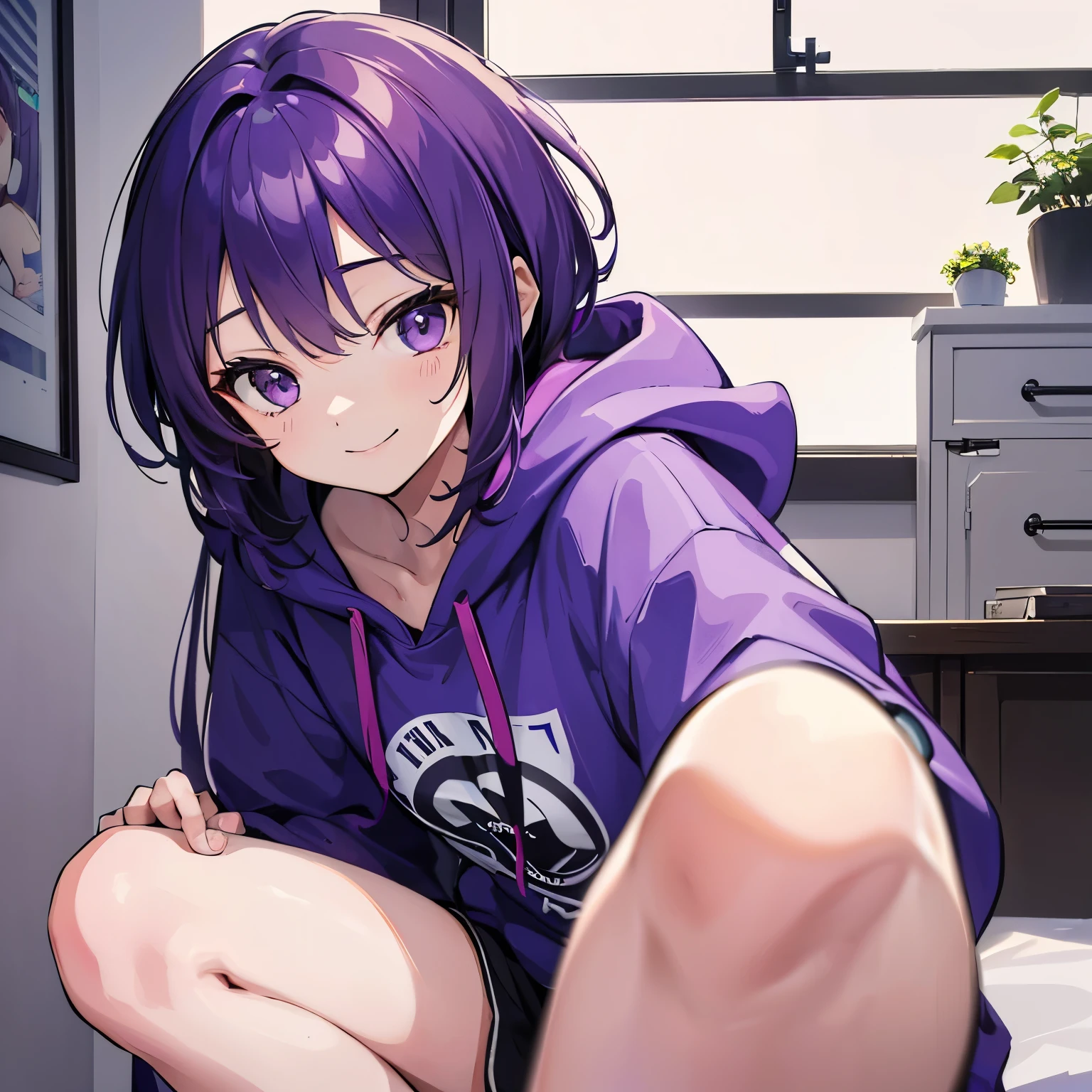 (T Masterpiece，4k wallpaper，best quality))、((girl１people))、(solo)、Brilliant，(purple hair)、(shortcut:1.3)、smile、Bedroom、morning、hoodie