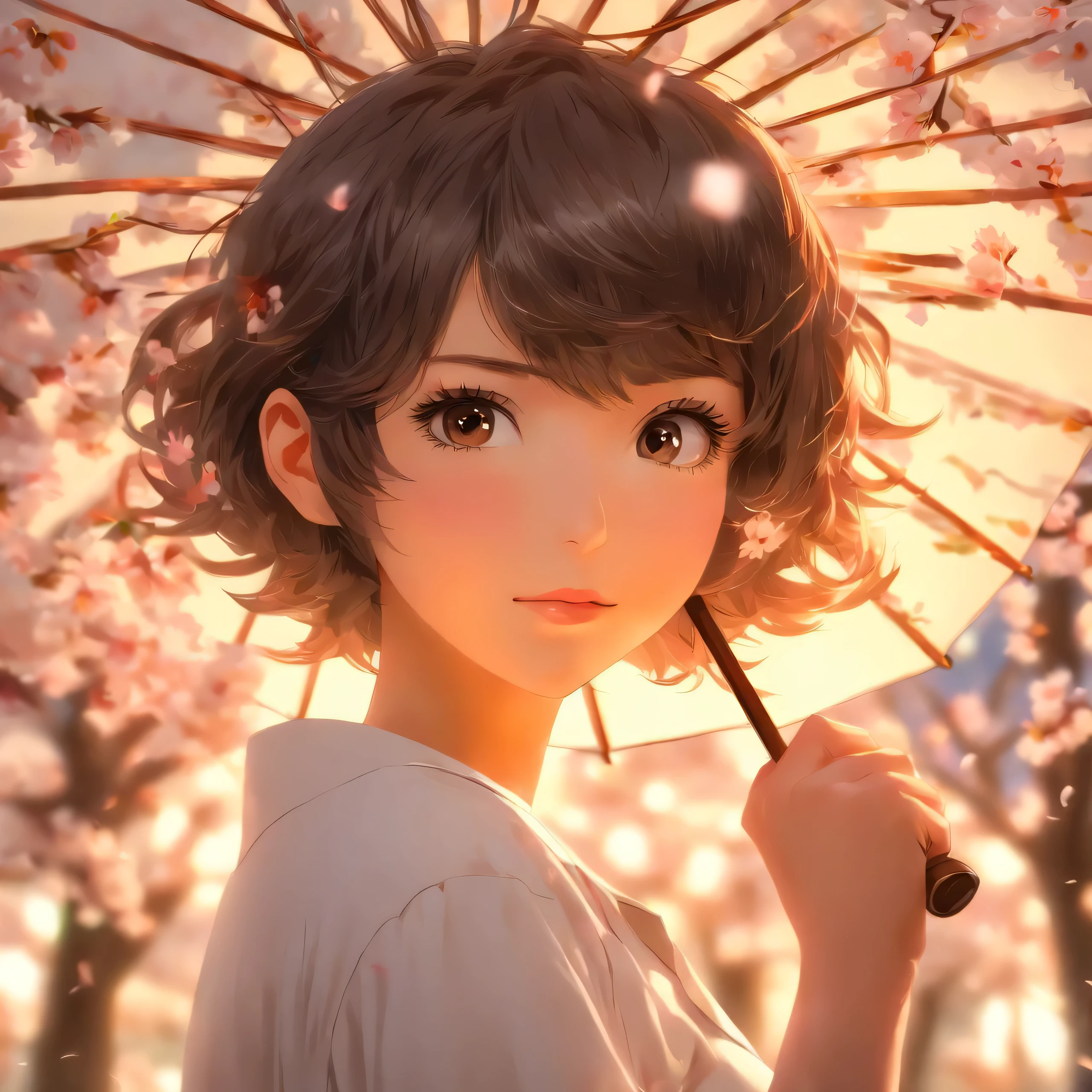 nakahara misaki, 1girl, solo, short hair, black hair, brown eyes, black eyes nakahara misaki, 1girl, solo, short hair, black hair, brown eyes, black eyes, looking at viewer, :o, blush, school uniform, white jacket, white umbrella, holding umbrella, cherry blossoms, portrait, close-up, (from side:0.6)