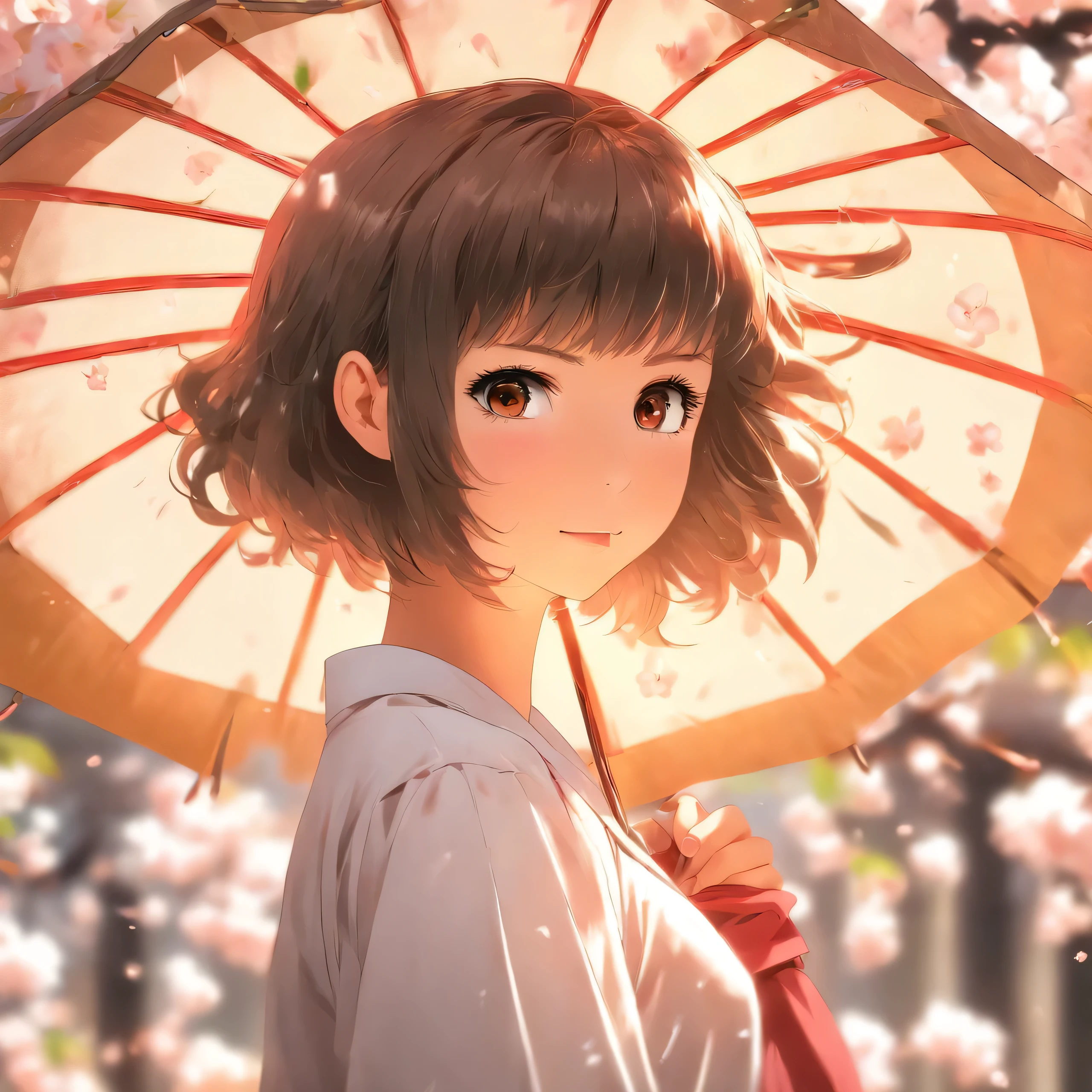 nakahara misaki, 1girl, solo, short hair, black hair, brown eyes, black eyes nakahara misaki, 1girl, solo, short hair, black hair, brown eyes, black eyes, looking at viewer, :o, blush, school uniform, white jacket, white umbrella, holding umbrella, cherry blossoms, portrait, close-up, (from side:0.6)