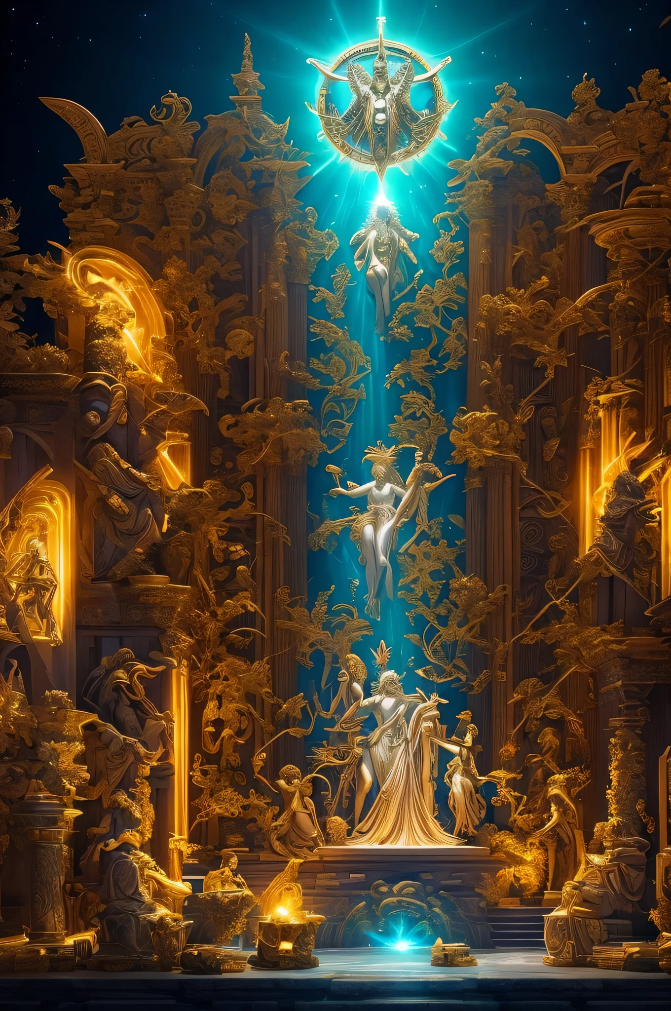 The establishment of a new divine order in Greek mythology led by Cronus, depicted in a mythic tableau where the Titan assumes cosmic authority, celestial energies aligning to signify the transition, symbols of time and harvest adorning his presence, Illustration, digital art with stoic colors and intricate detailing conveying the majestic and authoritative essence of Cronus in the new divine order