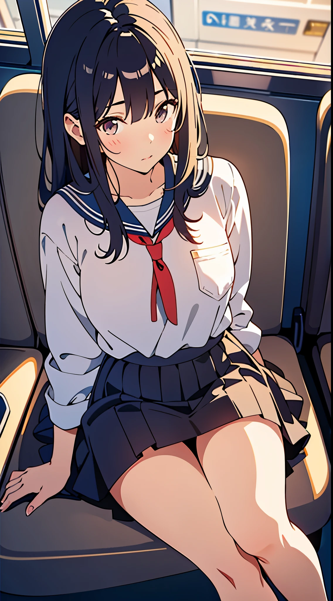 "(masterpiece, High resolution, Ultra High resolution, 4K) black hair, 20 year old Japan girl, uniform skirt, emphasizing thighs, white thighs, soft thighs, Gorgeous thighs, Sitting on the train, face to face angle, (angle from below), sitting on a train seat, sitting in front, Crotch zoom camera ,Put your feet on the train floor,whole body, only looking at the viewer, highest quality, 超High resolution, (realistic:1.4), nsfw, lift skirt,