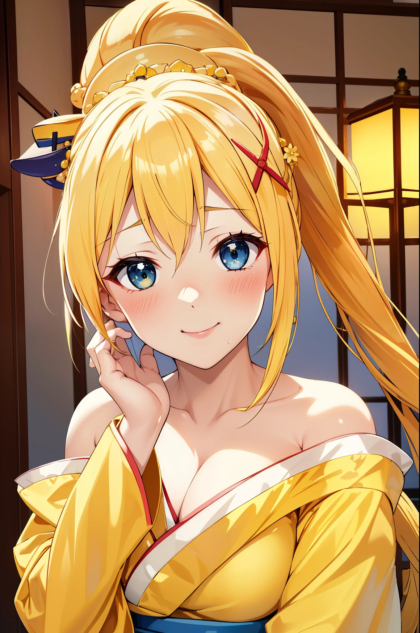 highest quality, High resolution, alone, 1 girl, long hair, blonde hair, x hair ornaments, blue eyes, ponytail, hair ornaments, Braid, \(KonoSuba\), big breasts, very close face, smile, blush, (yellow courtesan costume:1.3), 花のhair ornaments, hairpin, off shoulder