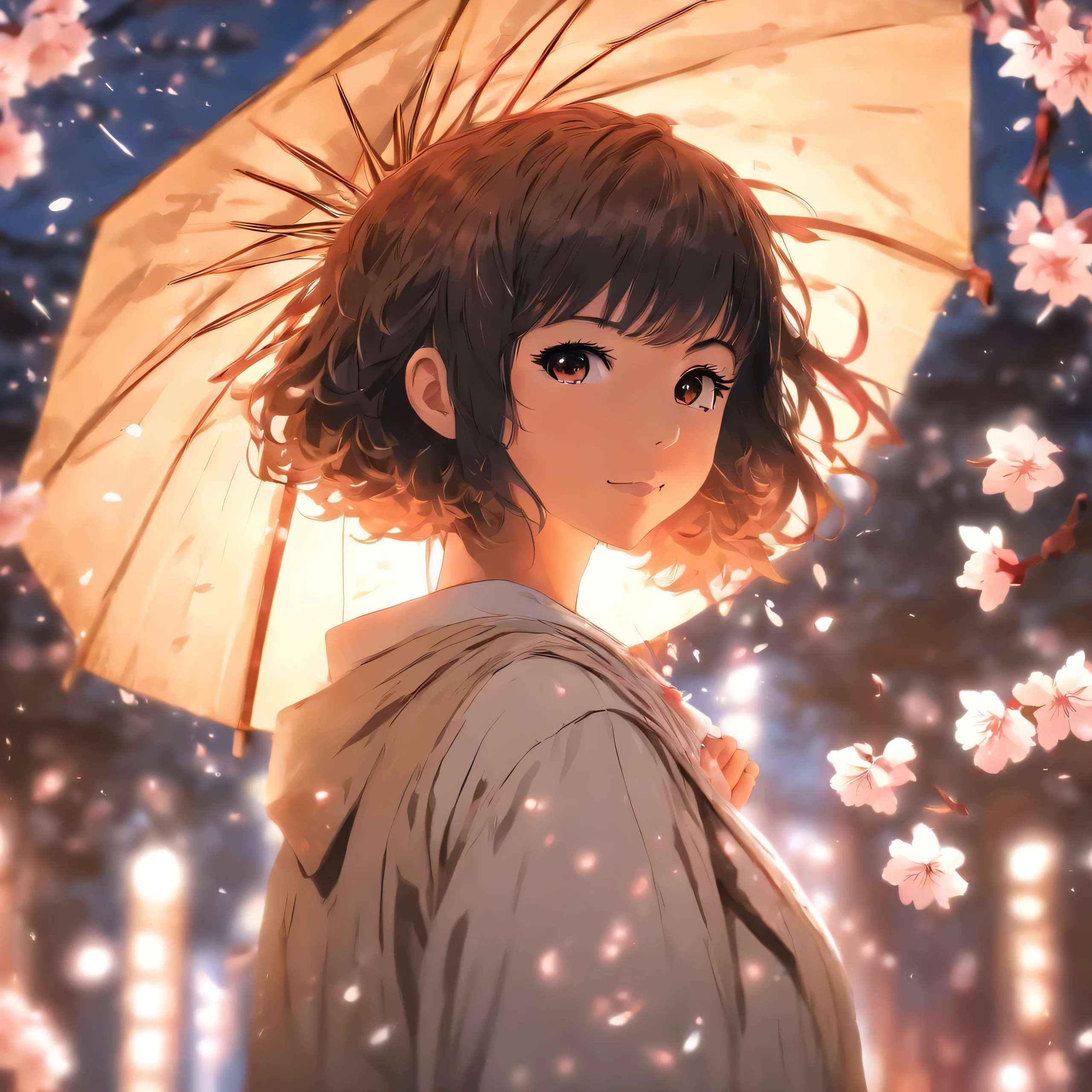 nakahara misaki, 1girl, solo, short hair, black hair, brown eyes, black eyes nakahara misaki, 1girl, solo, short hair, black hair, brown eyes, black eyes, looking at viewer, :o, blush, school uniform, white jacket, white umbrella, holding umbrella, cherry blossoms, portrait, close-up, (from side:0.6)
