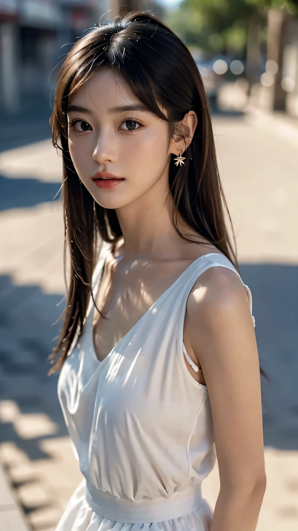 fully body photo,masutepiece, The highest image quality, High quality, the background is clear，Beautiful woman, Japanese, Detailed, Detailed eyes, Detailed skin, Beautiful skin, 超hight resolution, (reality: 1.4),Very beautiful woman, Slightly younger face, Beautiful skin, slender, (Ultra photo realsisim), (hight resolution), (8K), (Very detailed) (beautifully detailed eyes), (super detailed),   (Detailed face), view the viewer, Fine details, Detailed face, Staring straight ahead, Staring straight ahead, photos realistic, Bright lighting, Professional Lighting, Black hair, ,poneyTail,a baby face,sixteen years old,髪型はponeyTail,wear a ribbon,ロングのponeyTailの髪型,海岸,南の島,Enjoying dating,Angle from waist up,standing and posing,Wearing earrings,beach,